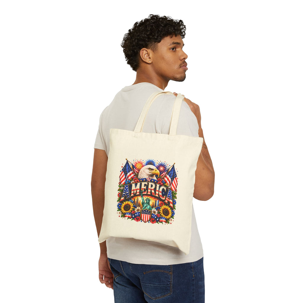 Patriotic America Tote Bag, Eagle Sunflower Tote, USA Flag Market Bag, Fourth of July Gift