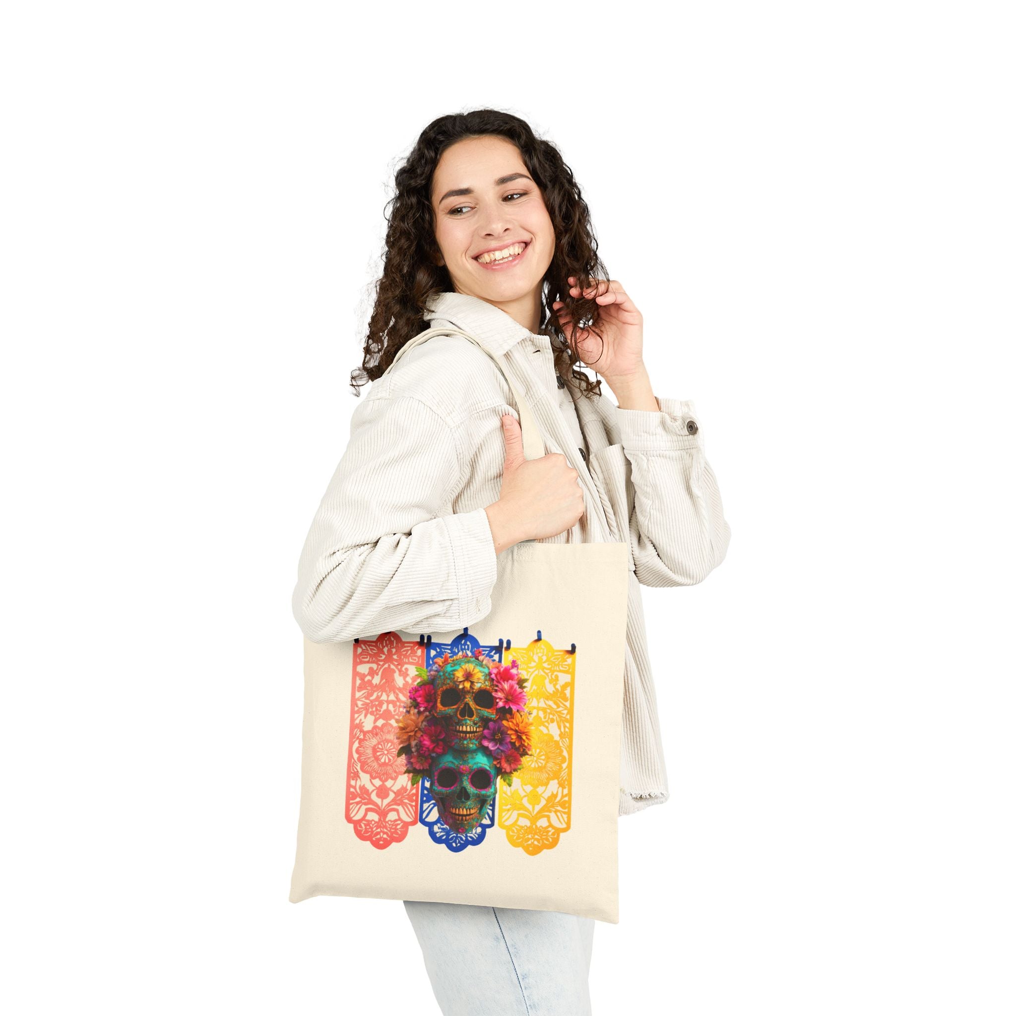 Day of the Dead Floral Skull Tote Bag, Sugar Skull Bag, Dia de los Muertos Tote