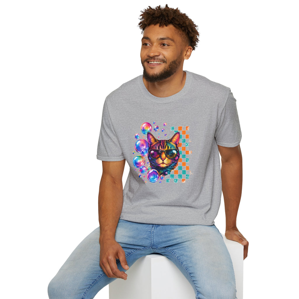 Colorful Cat Sunglasses T-Shirt, Retro Pop Art Cat Tee, Fun Graphic Shirt