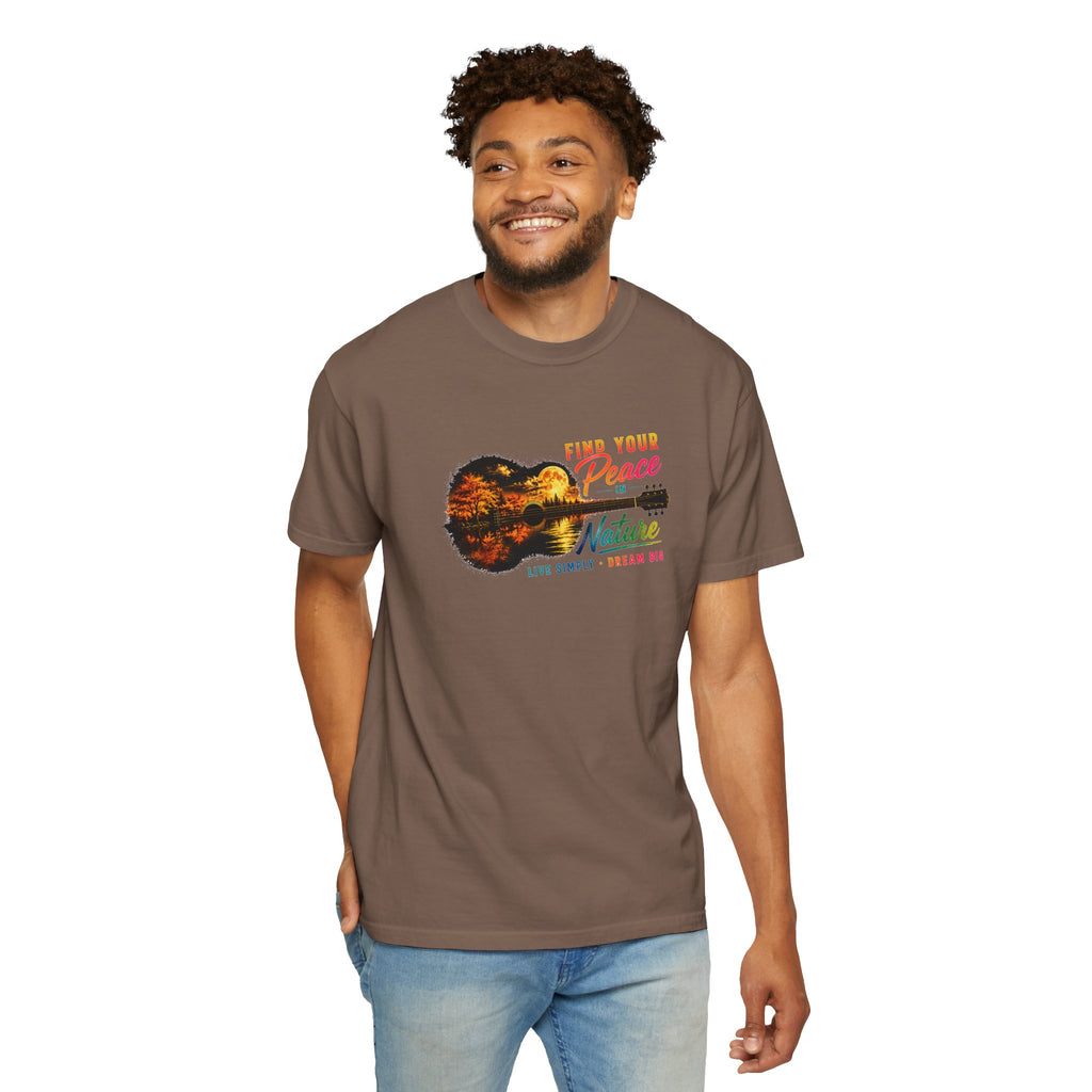 Acoustic Guitar Nature T-Shirt, Find Your Peace in Nature Tee, Music Lover Gift, Camping Shirt, Outdoor Graphic Tee, Hiking Shirt