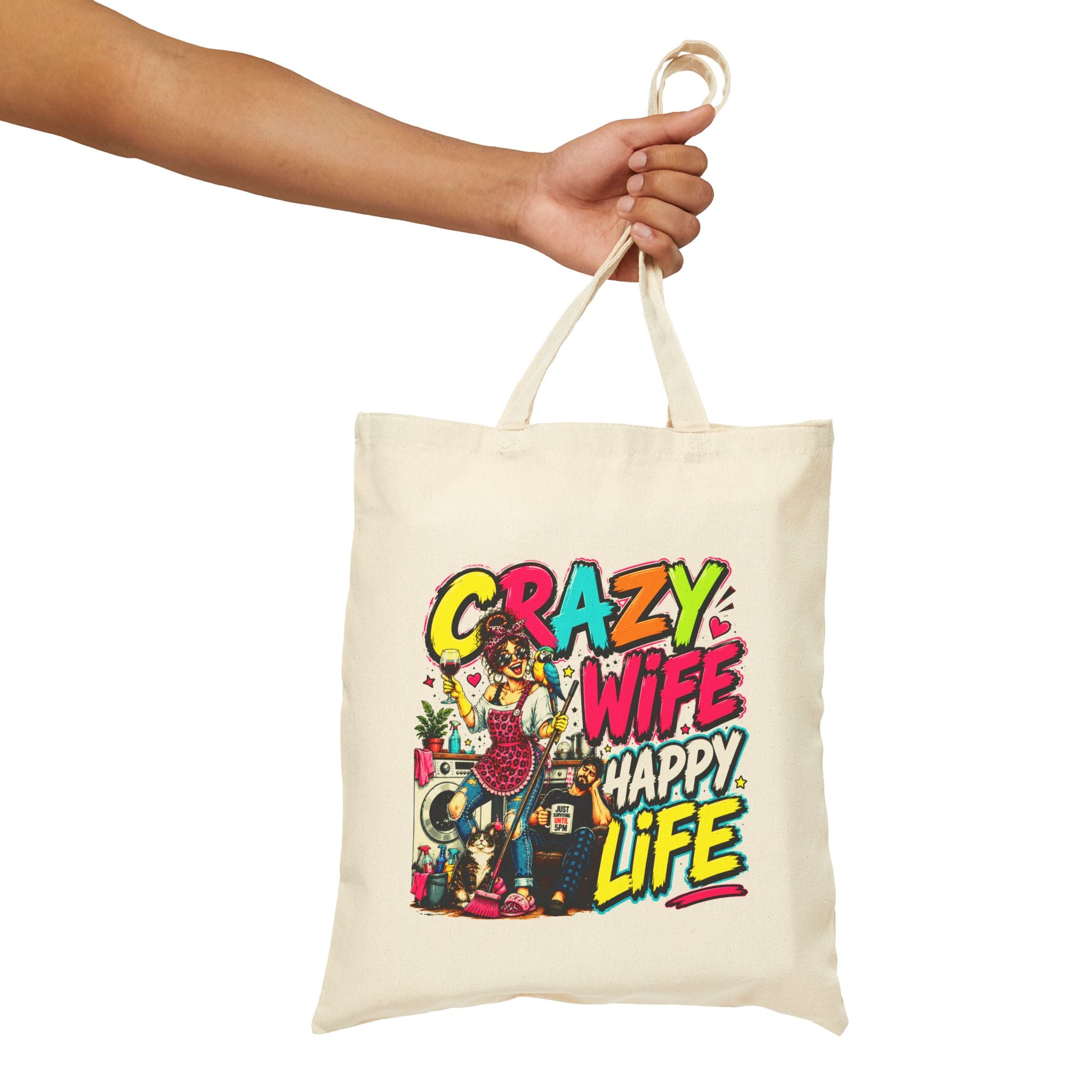 Crazy Wife Happy Life Tote Bag, Funny Wife Gift, Funny Marriage Canvas Bag, Wife Humor Gift, Anniversary Gift, Reusable Shopping Tote