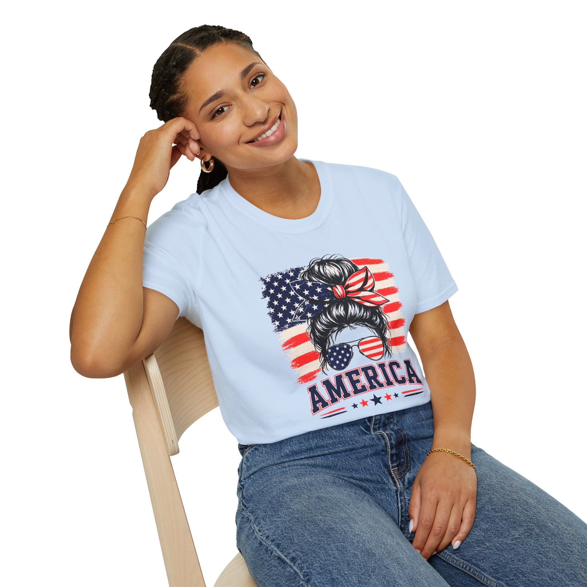 T-Shirt — Messy Bun American Flag Design (Patriotic Hair Band & Sunglasses)
