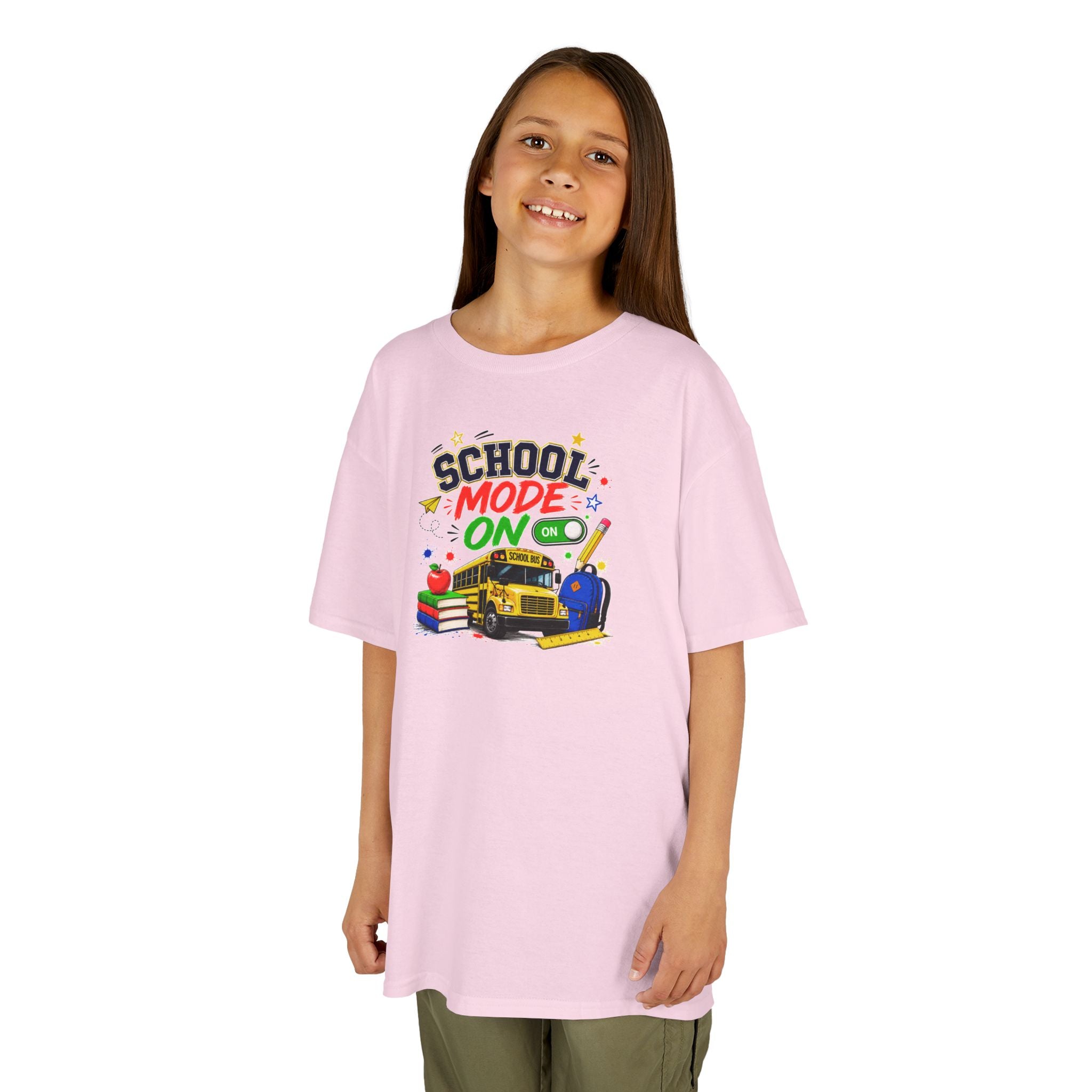 School Mode On Kids T‑Shirt — Back-to-School Graphic Tee with Bus, Books & Apple
