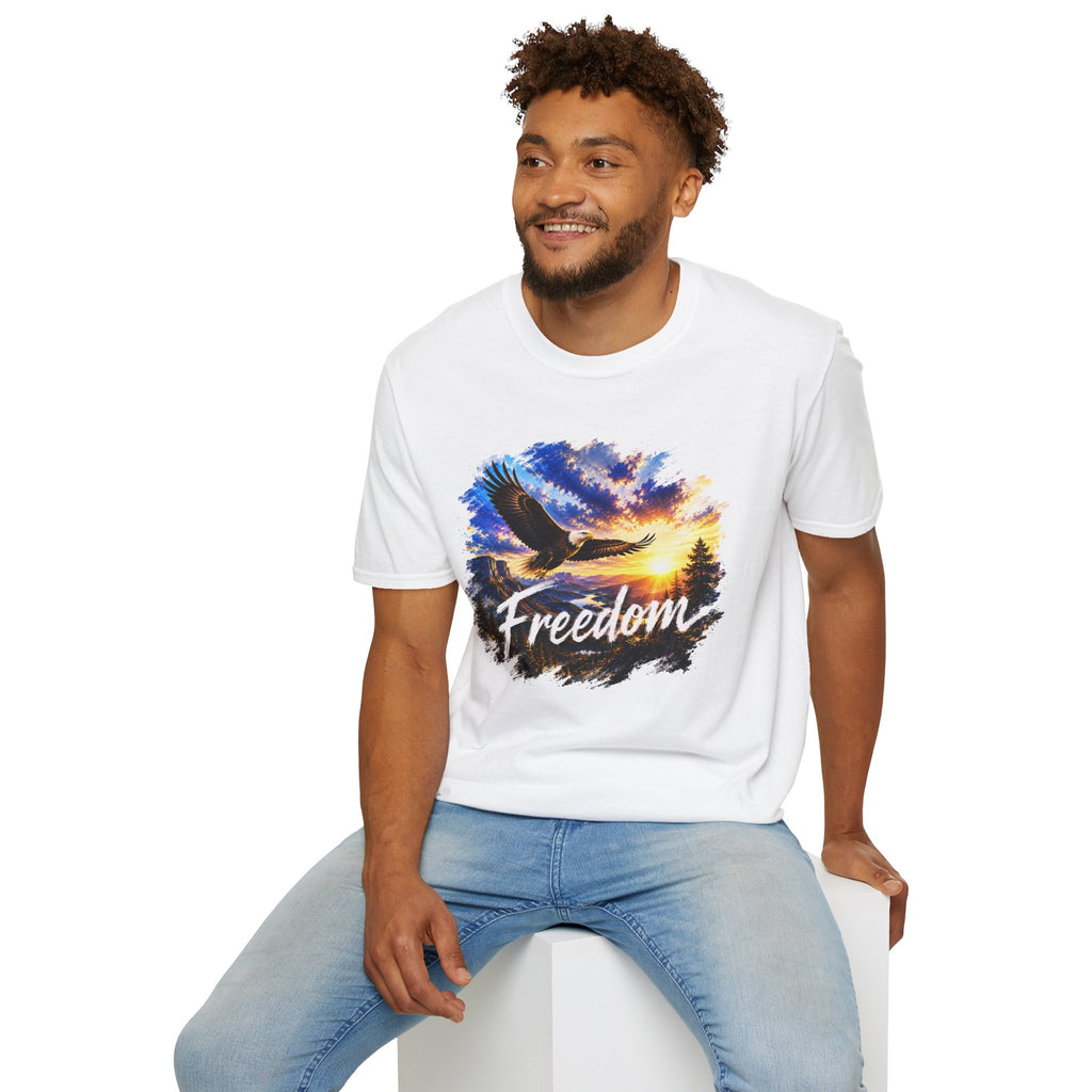 Freedom Eagle T-Shirt, Soaring Eagle Graphic Tee, Sunset Wildlife Shirt, Nature Lover Gift, Unisex Outdoor Tee