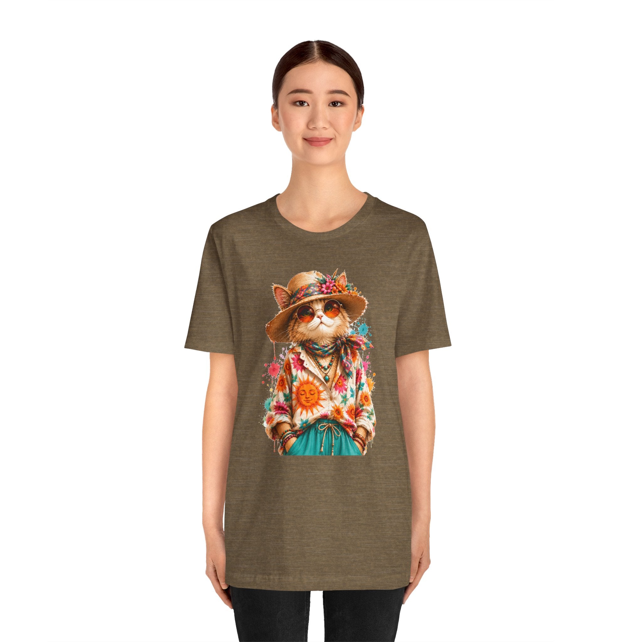 Boho Cat Graphic Tee — Floral Hat & Sunshine Cat T-Shirt