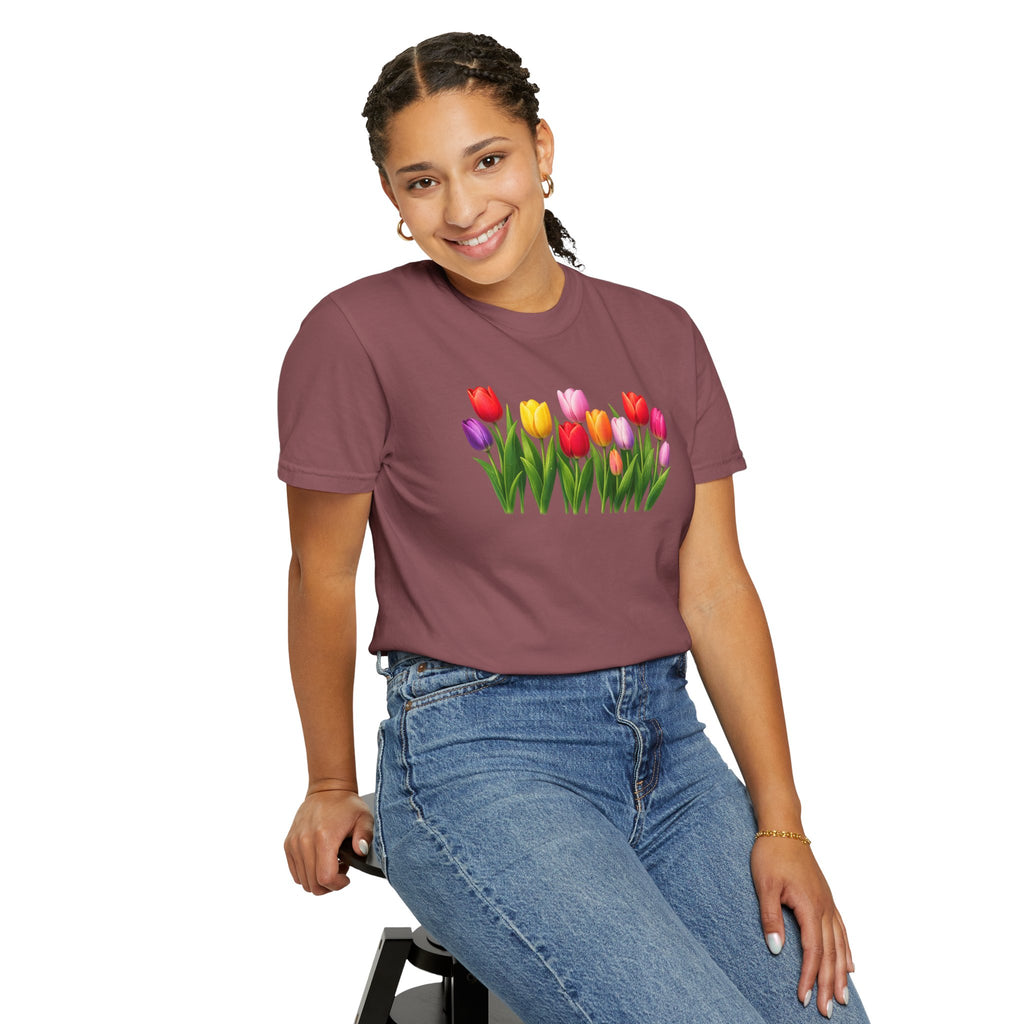 Colorful Tulip Shirt, Floral T-Shirt for Women, Botanical Graphic Tee, Spring Garden Shirt, Comfort Colors Tee