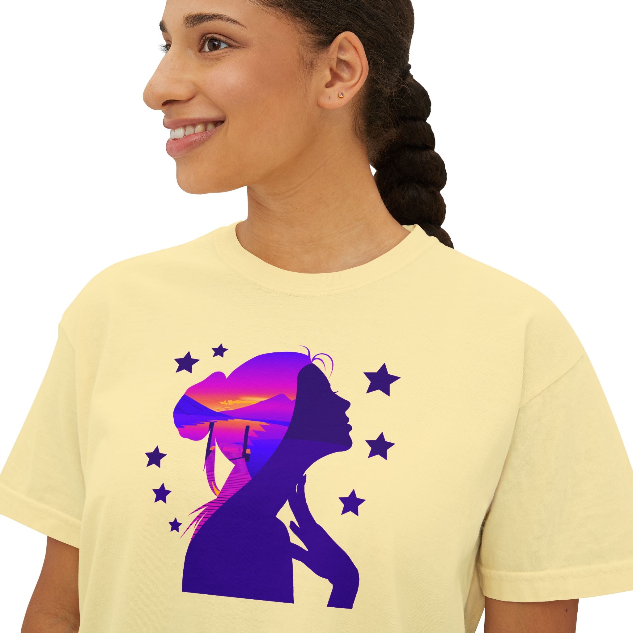 Women's Boxy Tee — Purple Sunset Silhouette Tee for Girls & Teens
