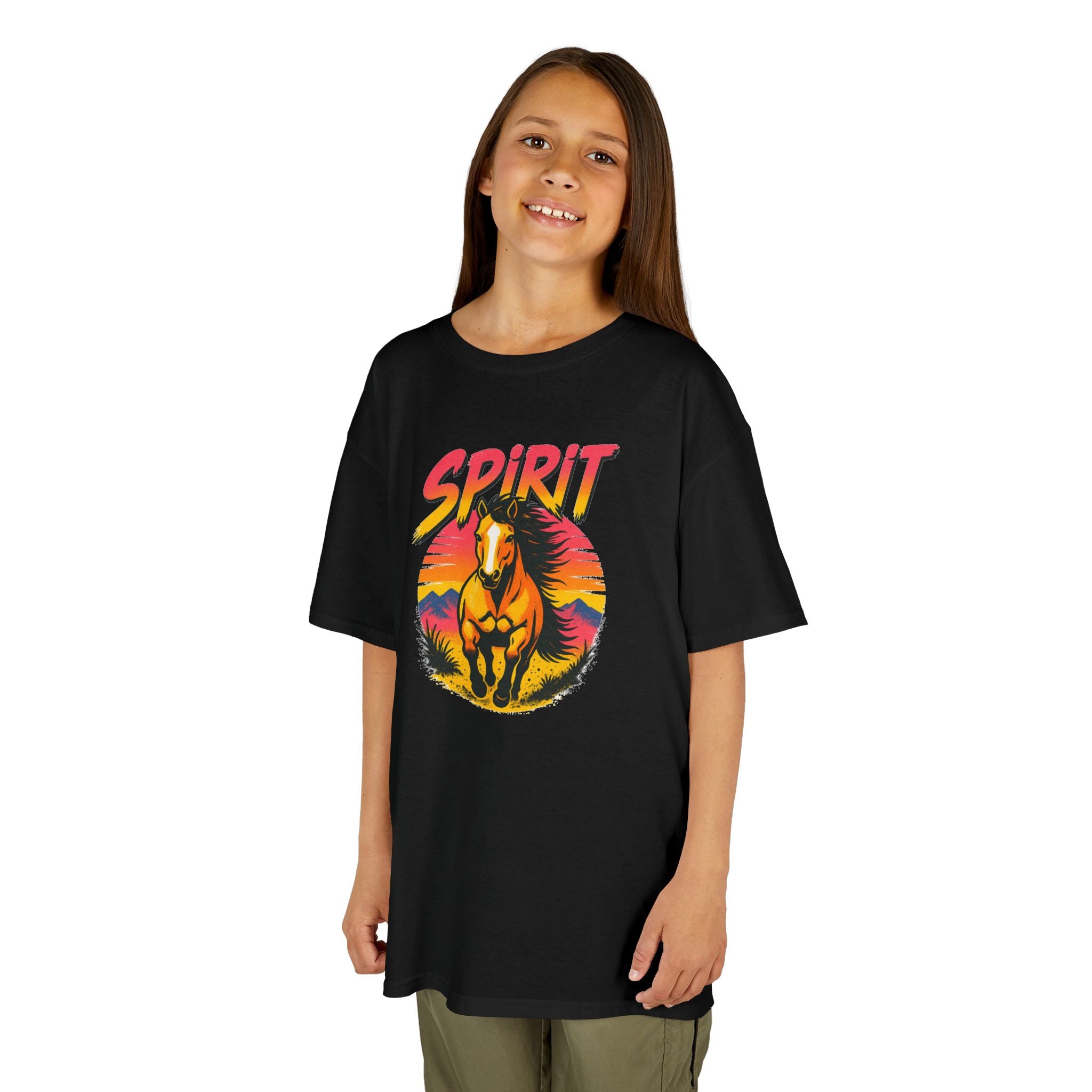 Spirit Horse Kids T‑Shirt — Retro Sunset Wild Horse Graphic Tee