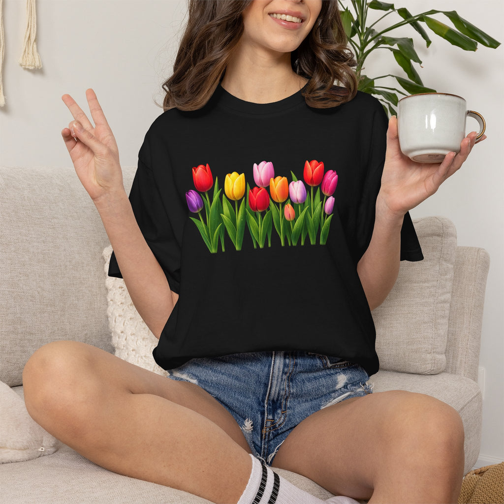 Colorful Tulip Shirt, Floral T-Shirt for Women, Botanical Graphic Tee, Spring Garden Shirt, Comfort Colors Tee