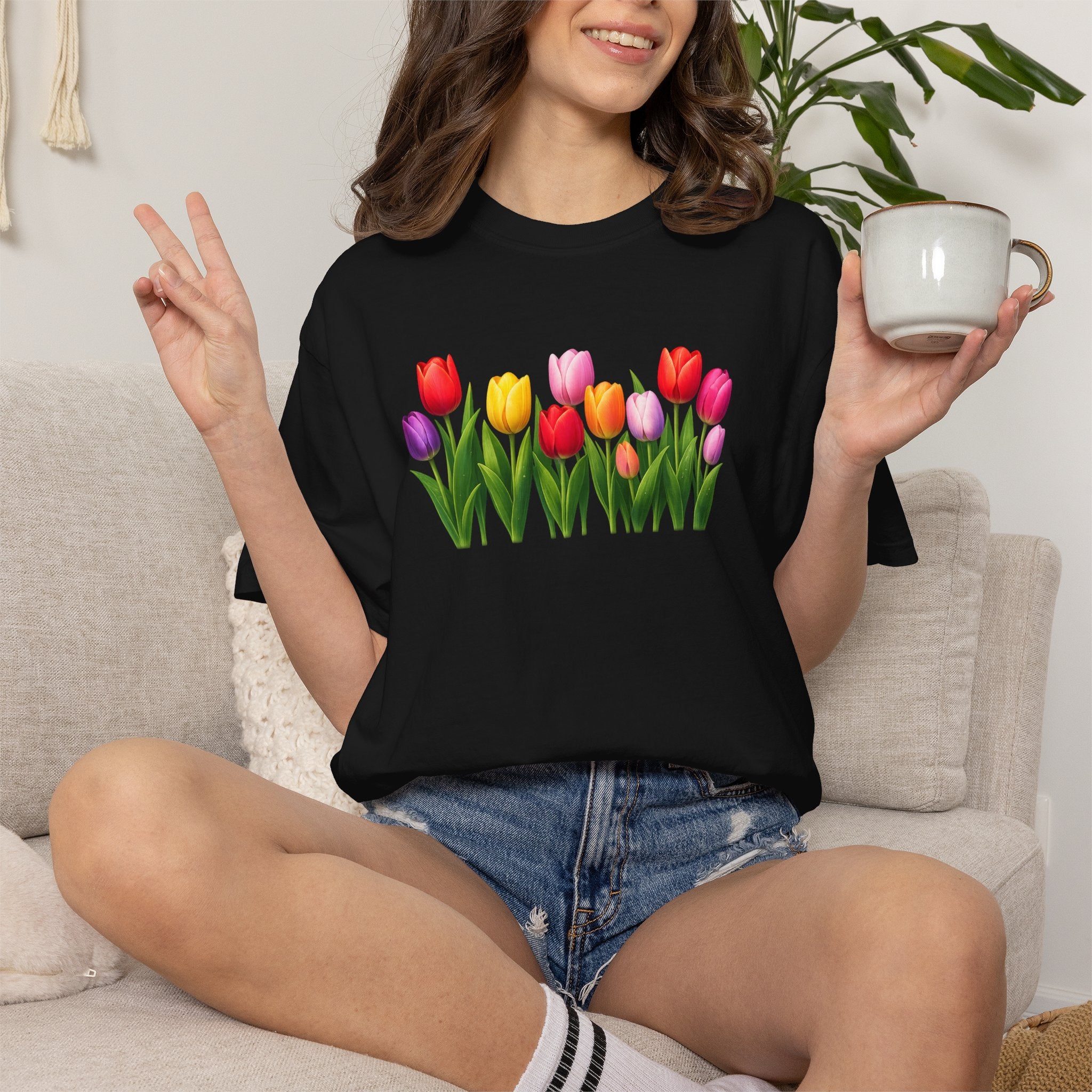 Colorful Tulip Shirt, Floral T-Shirt for Women, Botanical Graphic Tee, Spring Garden Shirt, Comfort Colors Tee
