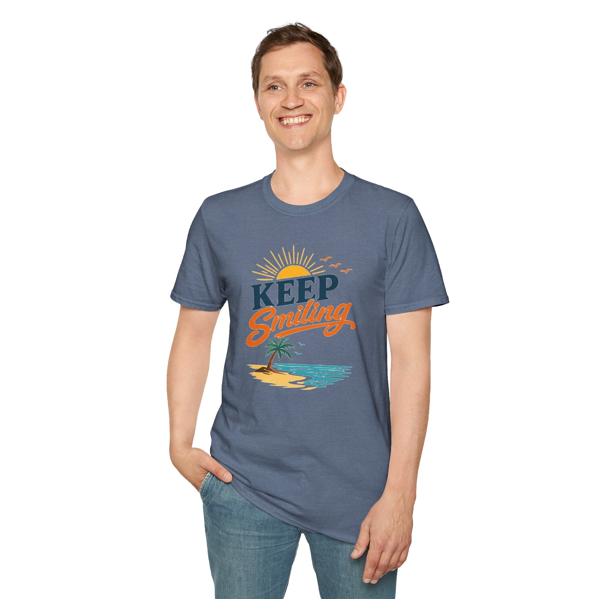 Keep Smiling Beach T-Shirt – Retro Sunset Palm Tee