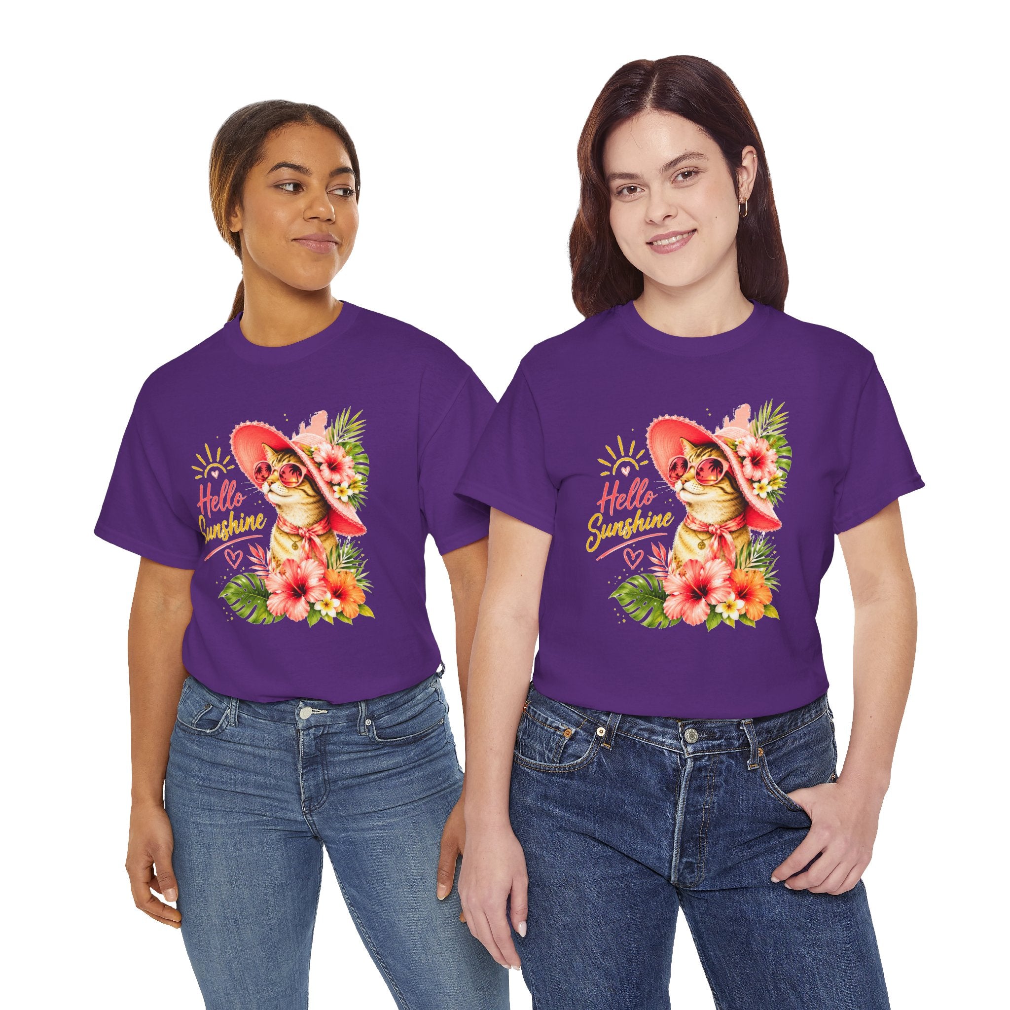 Hello Sunshine Cat Shirt | Cute Floral Cat T-Shirt | Tropical Summer Kitty Tee | Cat Lover Gift | Cute Women's Graphic Tee