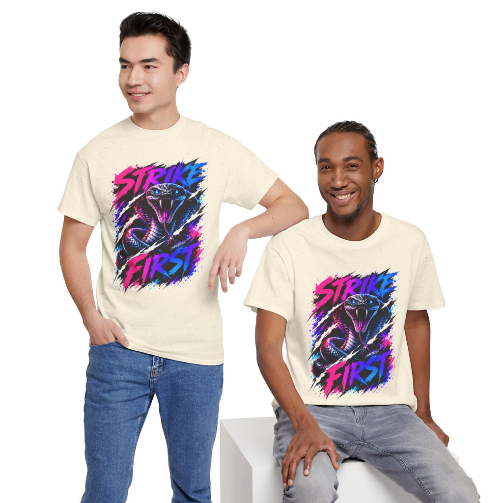 Strike First Cobra T-Shirt | Neon Snake Graphic Tee | Bold Streetwear Shirt | Unisex Graphic Tee