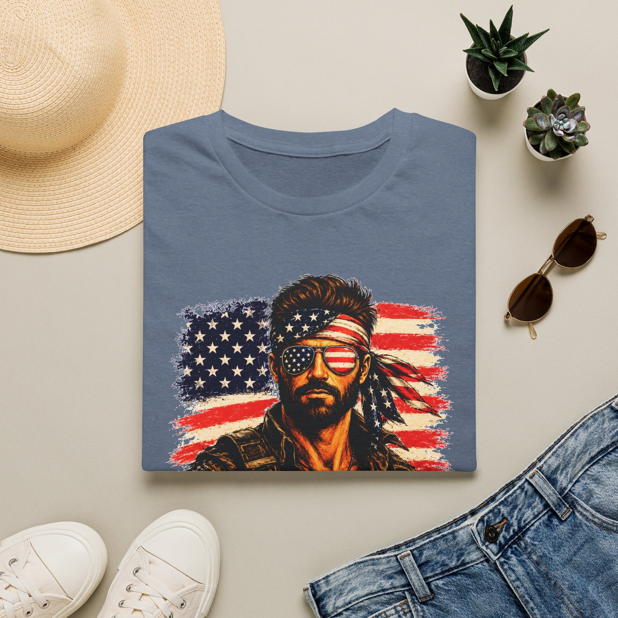 Patriotic Bandana Man T-Shirt — USA Flag Graphic Tee ("America")