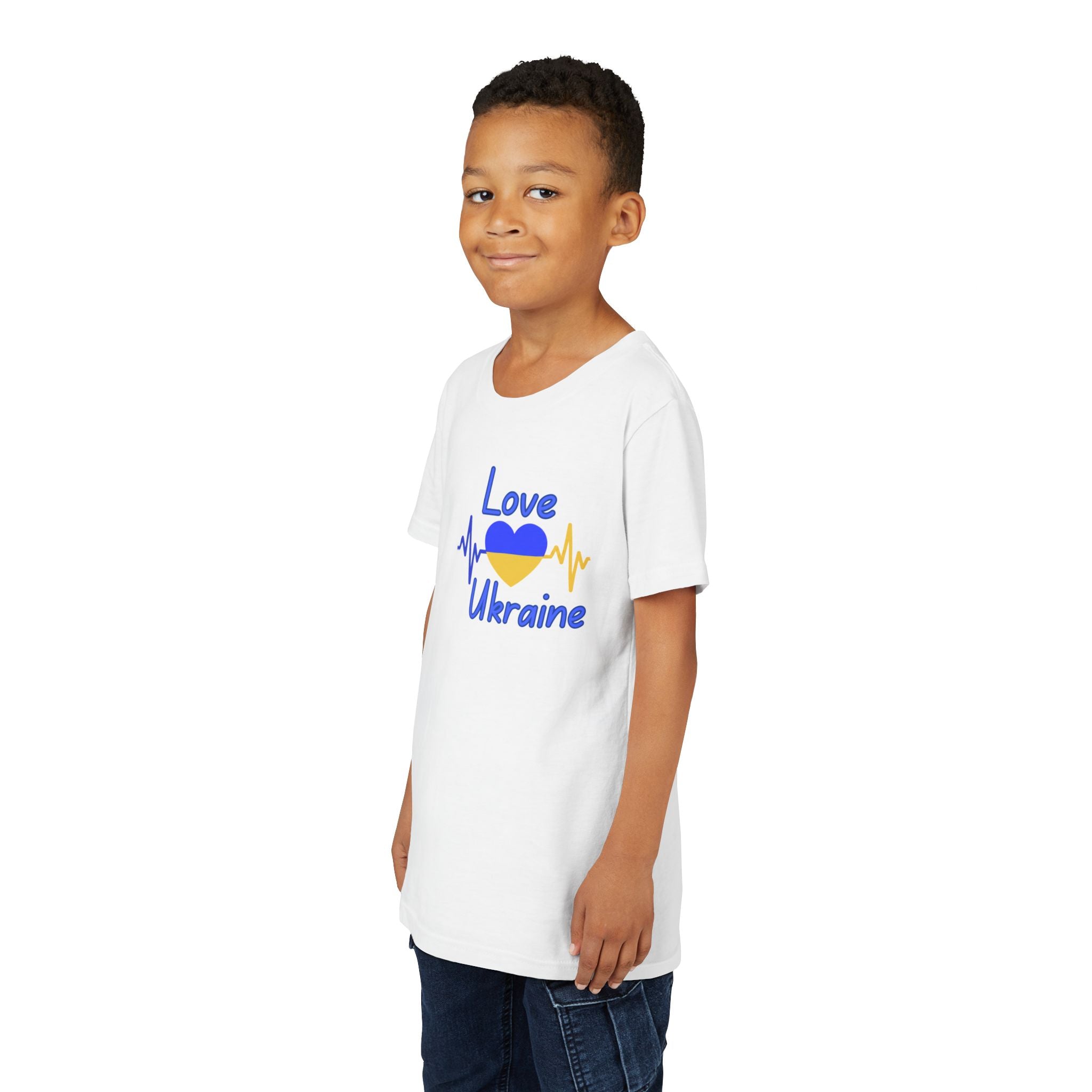 Love Ukraine Youth Tee — Blue & Yellow Heart Kids Shirt (Support Ukraine)