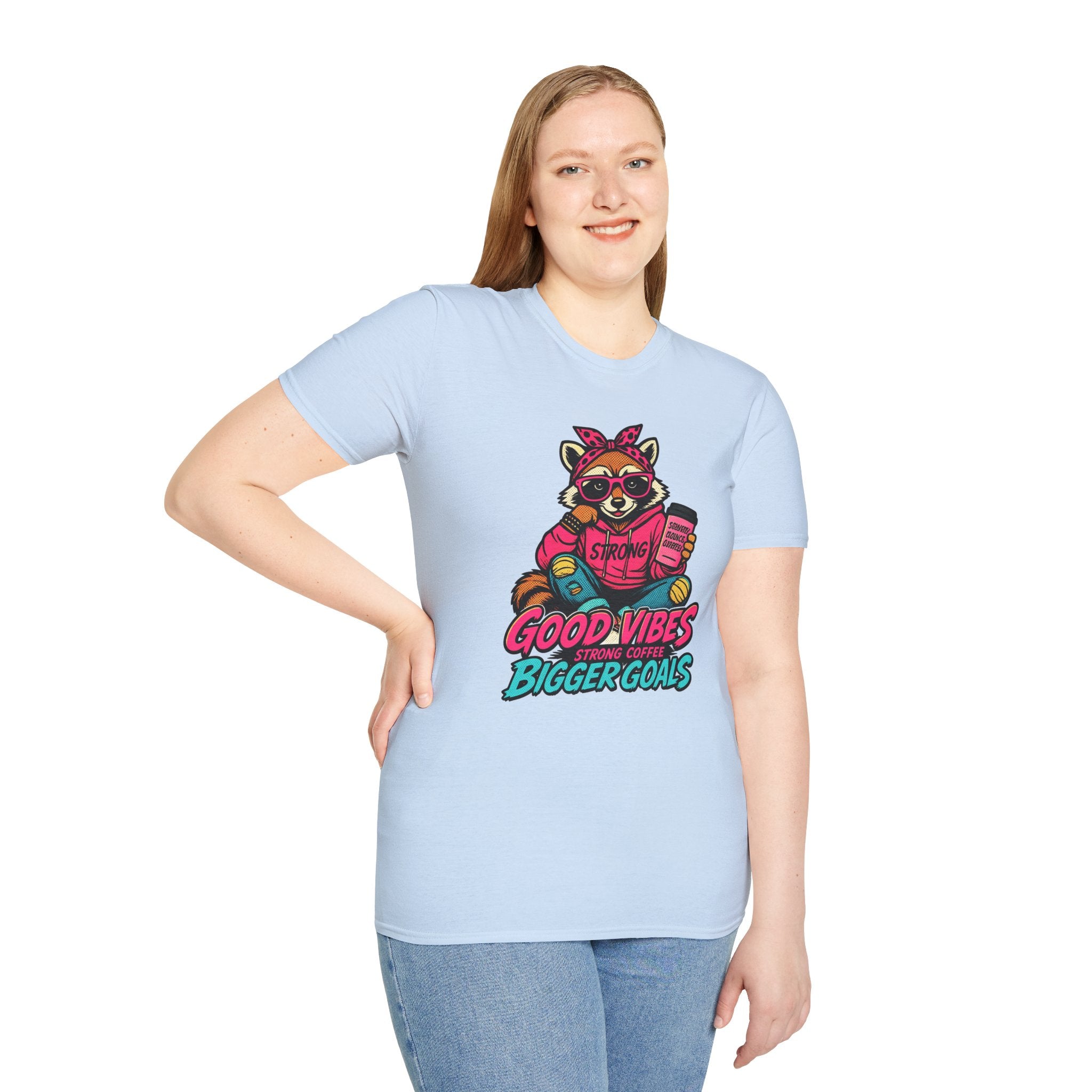 Good Vibes Bigger Goals T-Shirt — Raccoon Coffee Motivation Tee