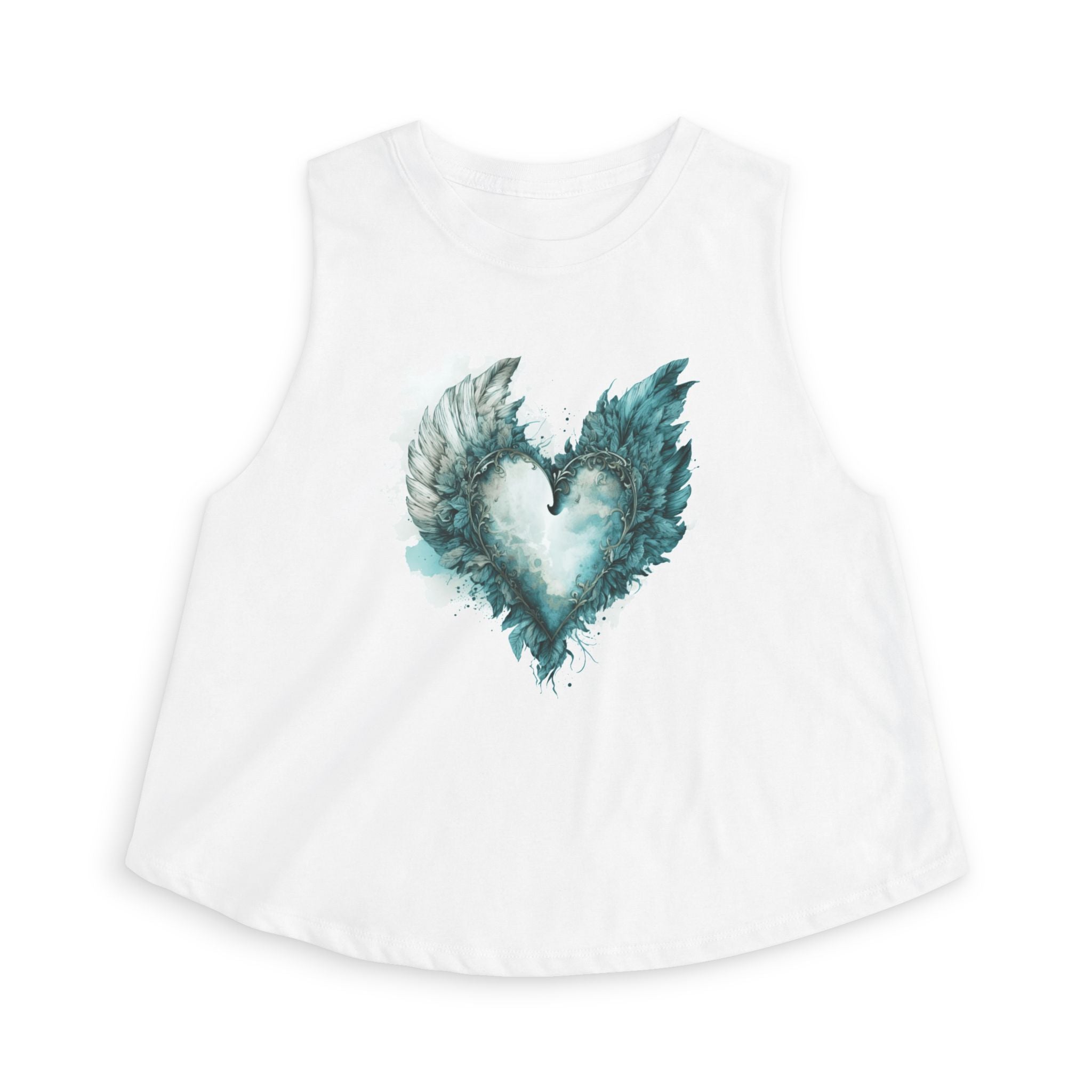 Winged Heart Crop Top, Angel Wings Heart Shirt, Teal Watercolor Graphic Crop Top, Aesthetic Women's Crop Tee