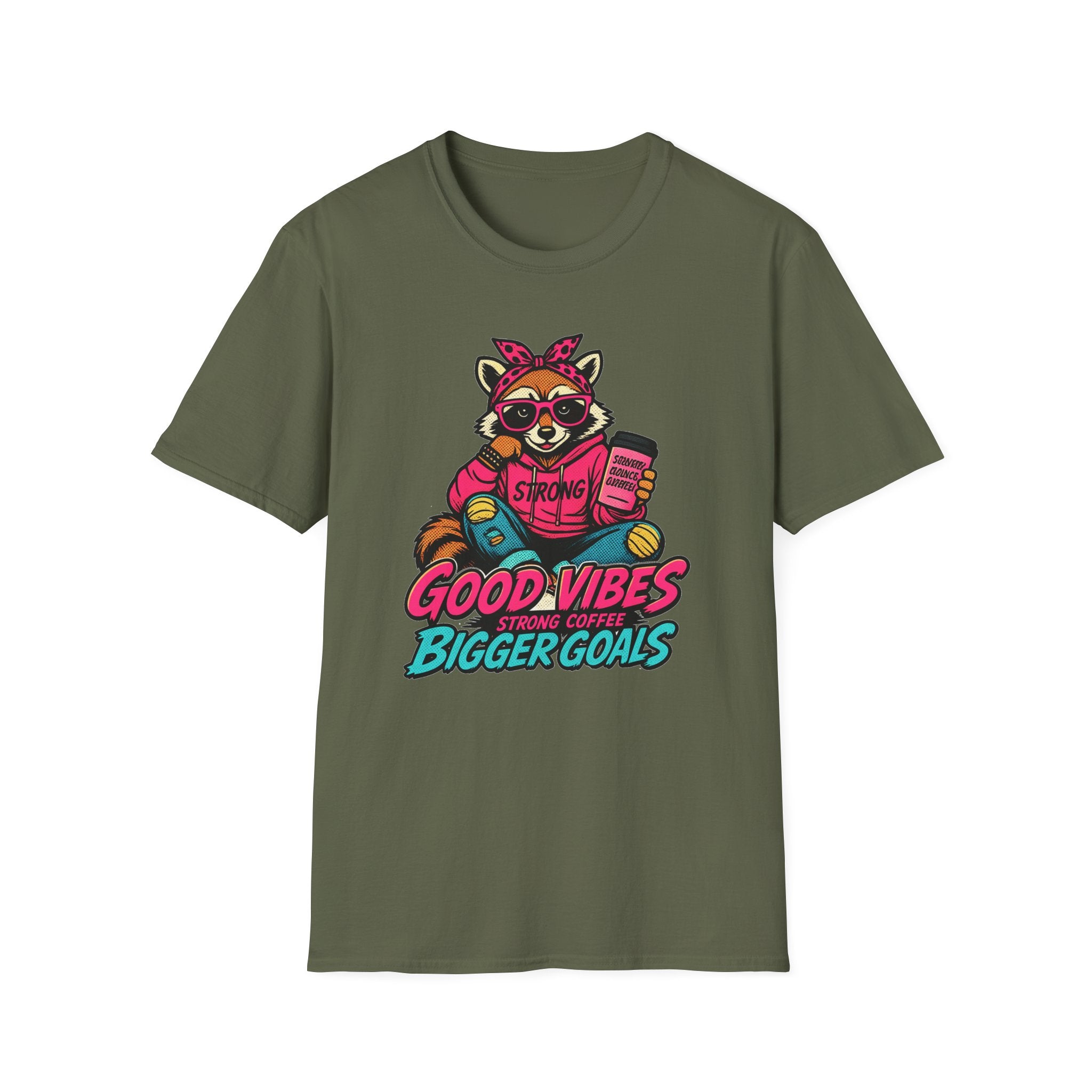 Good Vibes Bigger Goals T-Shirt — Raccoon Coffee Motivation Tee