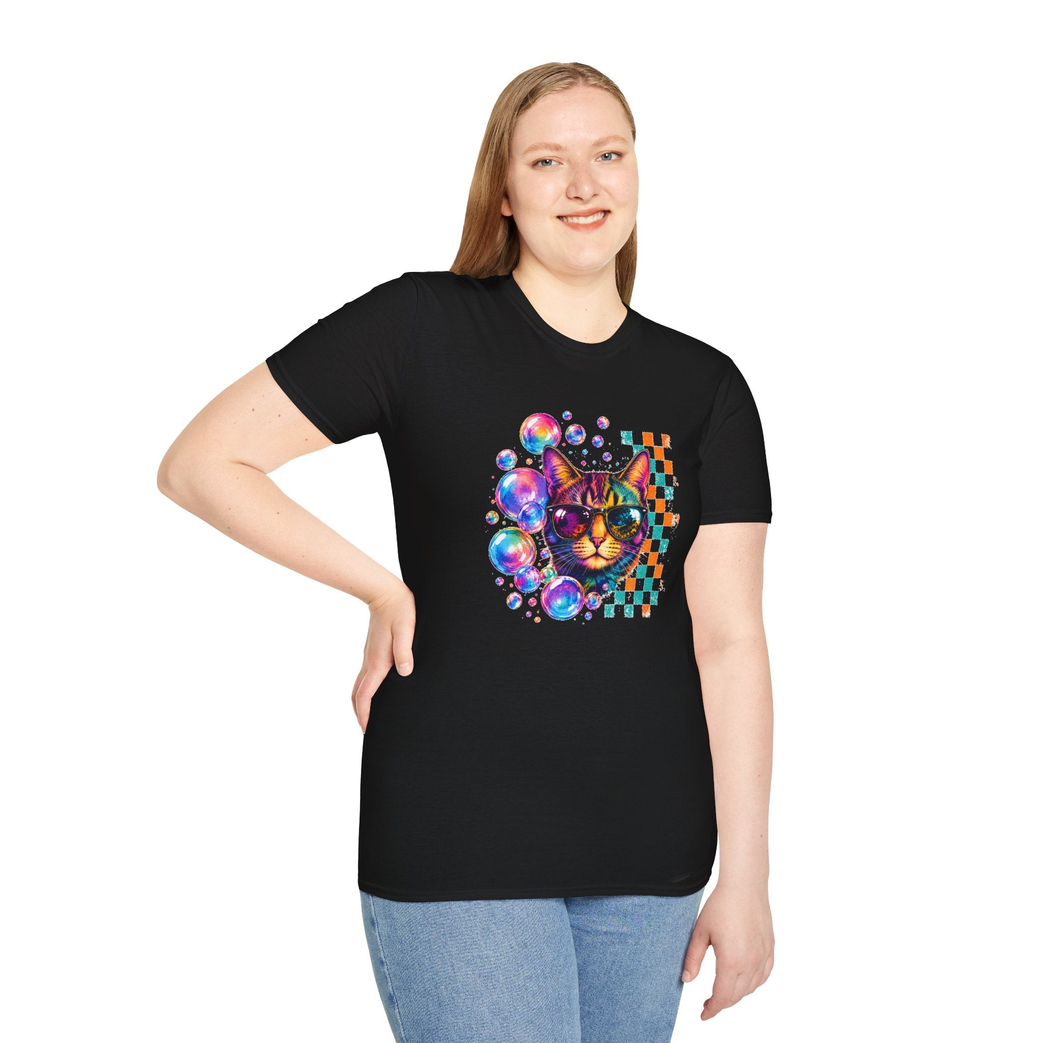 Colorful Cat Sunglasses T-Shirt, Retro Pop Art Cat Tee, Fun Graphic Shirt