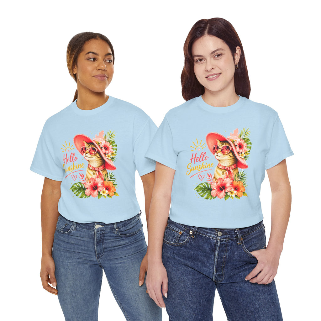 Hello Sunshine Cat Shirt | Cute Floral Cat T-Shirt | Tropical Summer Kitty Tee | Cat Lover Gift | Cute Women's Graphic Tee