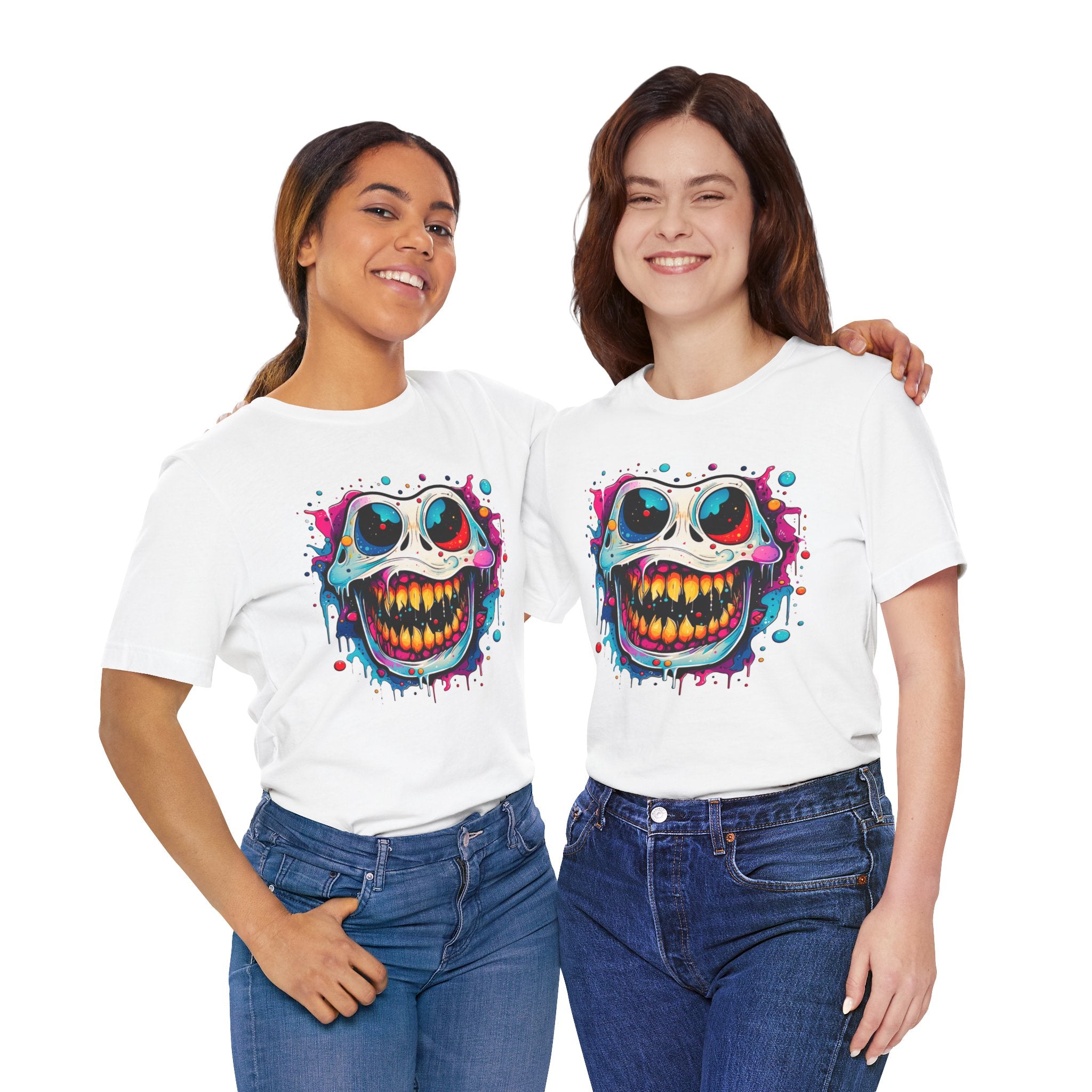 Unisex Skull Smile Tee -Vibrant Neon Drip Horror Graphic T Shirt