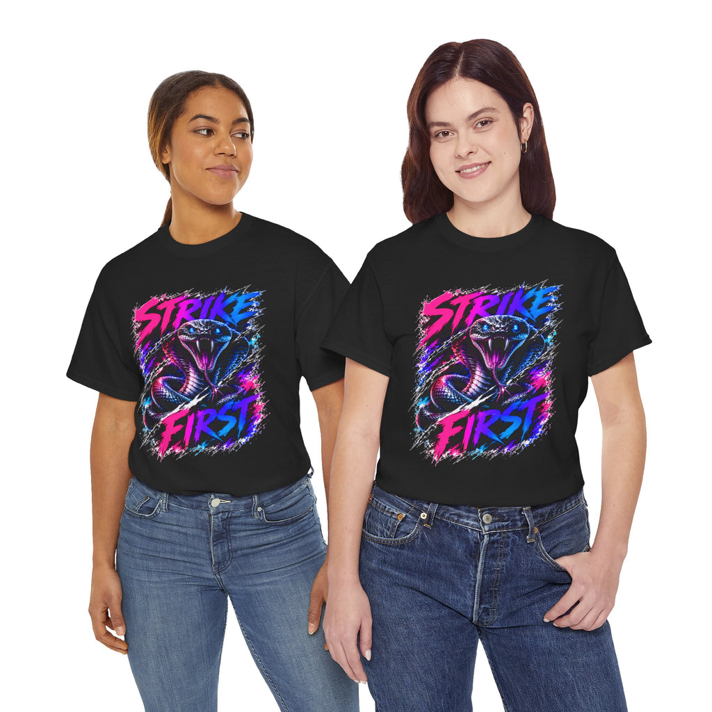 Strike First Cobra T-Shirt | Neon Snake Graphic Tee | Bold Streetwear Shirt | Unisex Graphic Tee