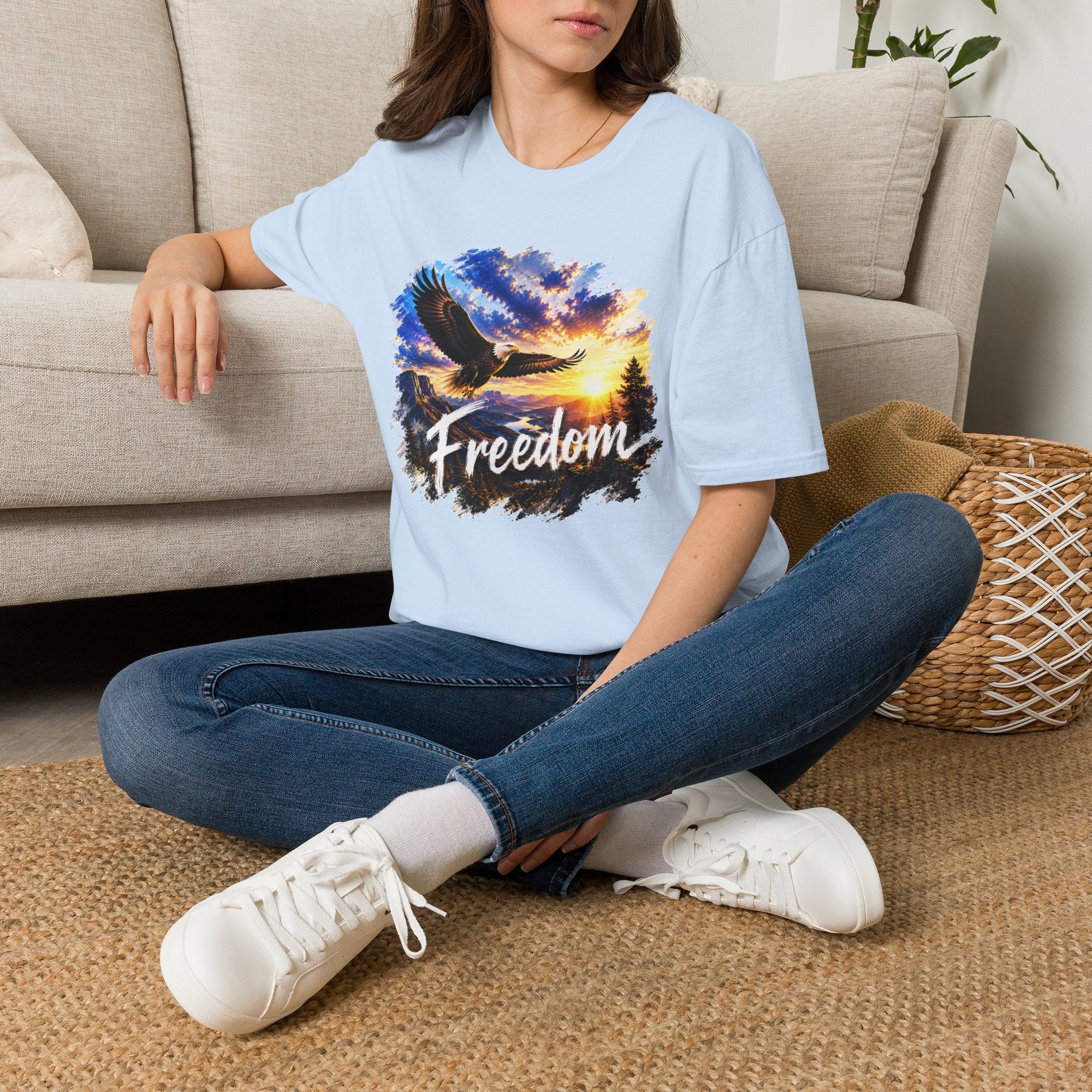 Freedom Eagle T-Shirt, Soaring Eagle Graphic Tee, Sunset Wildlife Shirt, Nature Lover Gift, Unisex Outdoor Tee