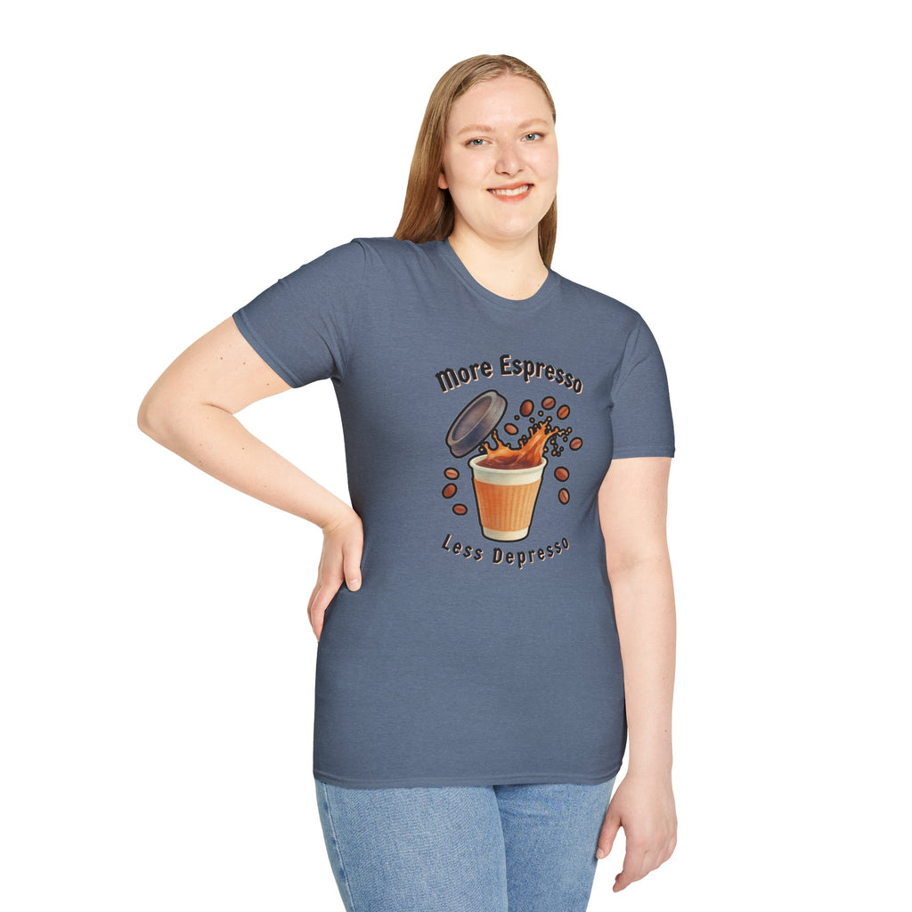 More Espresso Less Depresso Shirt, Funny Coffee T-Shirt, Cute Barista Gift, Coffee Lover Tee