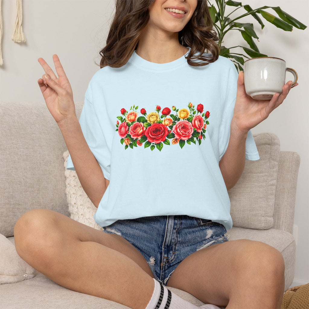 Colorful Floral T-Shirt for Women, Rose Flower Shirt, Botanical Graphic Tee, Cute Garden Shirt, Cottagecore Gift, Comfort Colors Tee