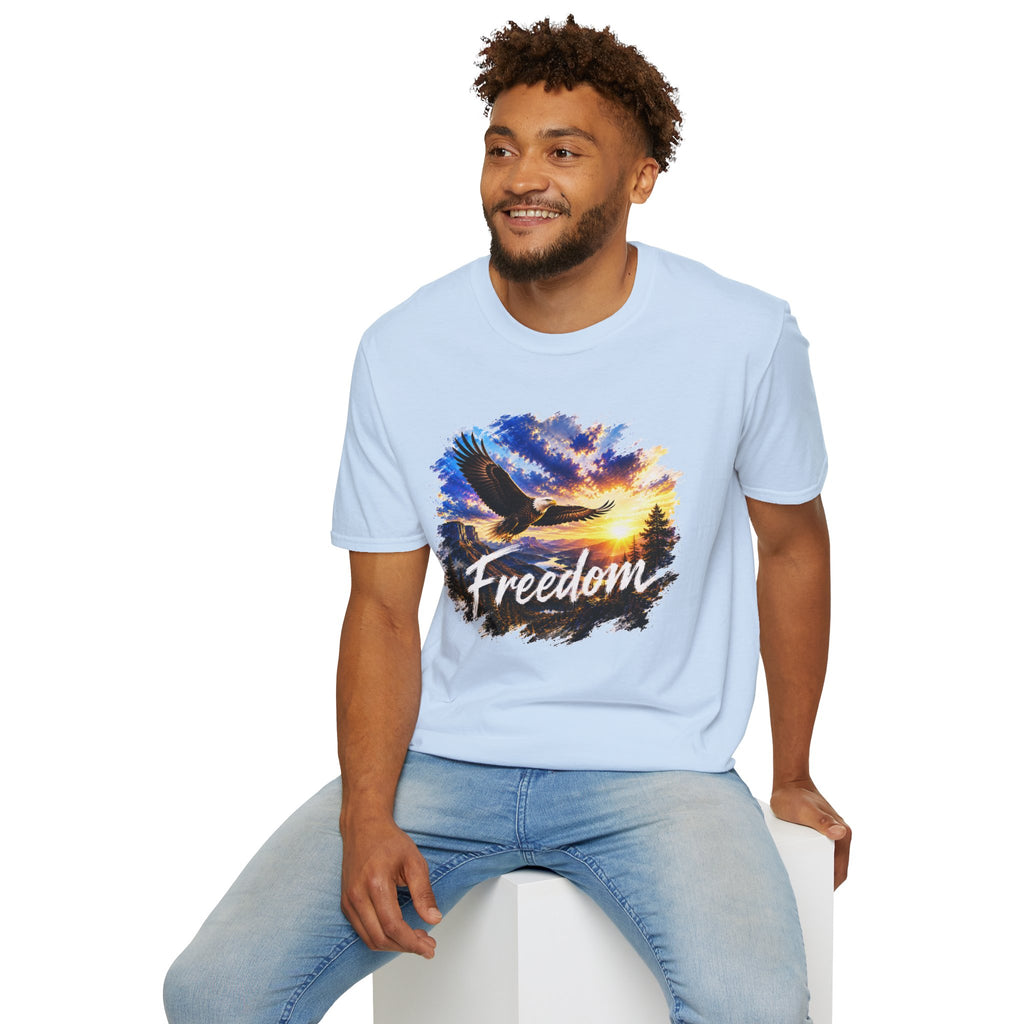 Freedom Eagle T-Shirt, Soaring Eagle Graphic Tee, Sunset Wildlife Shirt, Nature Lover Gift, Unisex Outdoor Tee