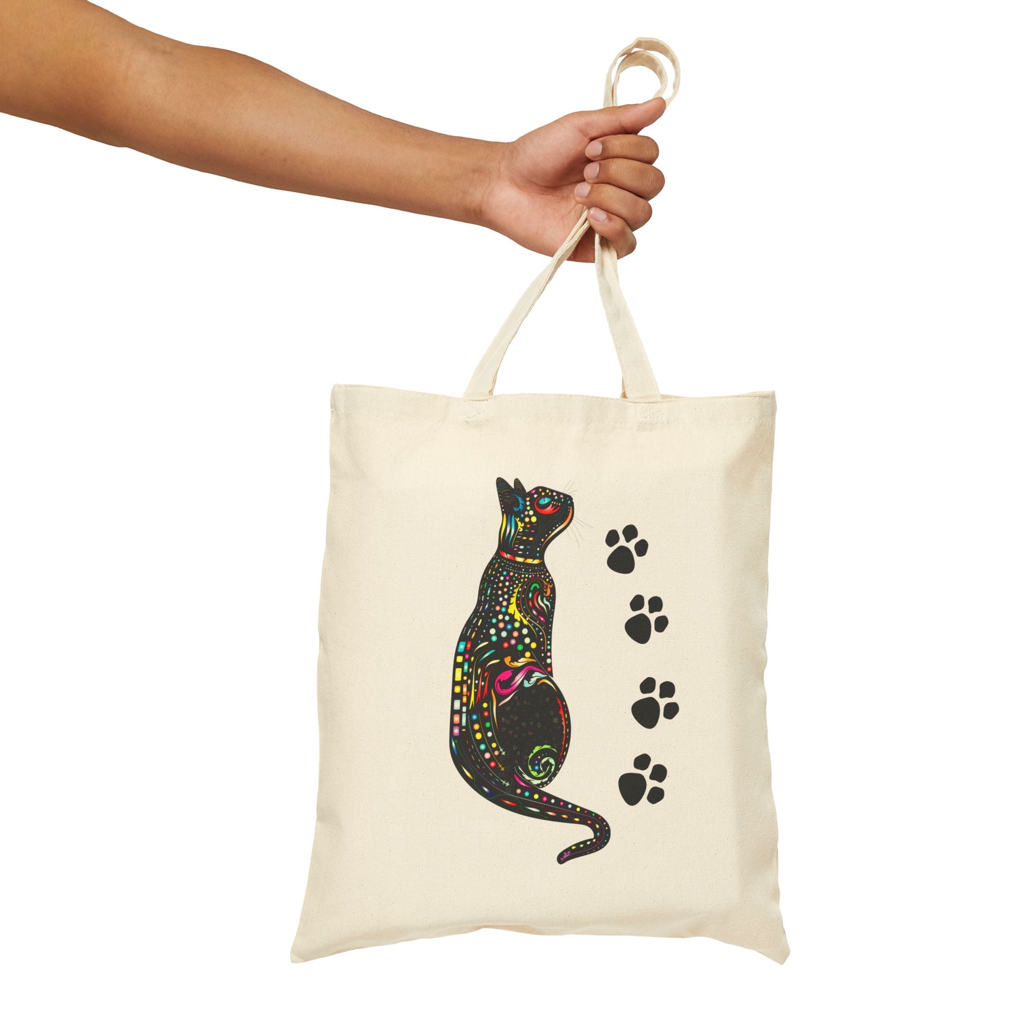 Cat Lover Tote Bag, Colorful Cat Art with Paw Prints, Cute Canvas Bag