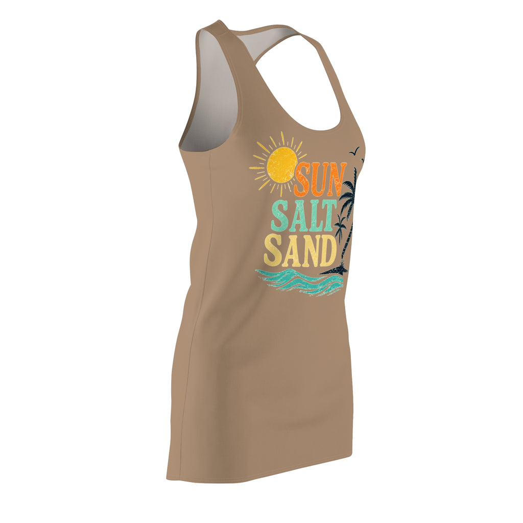 Racerback Dress — "Sun Salt Sand" Beach Tank Dress, Tropical Palm & Sunset Graphic