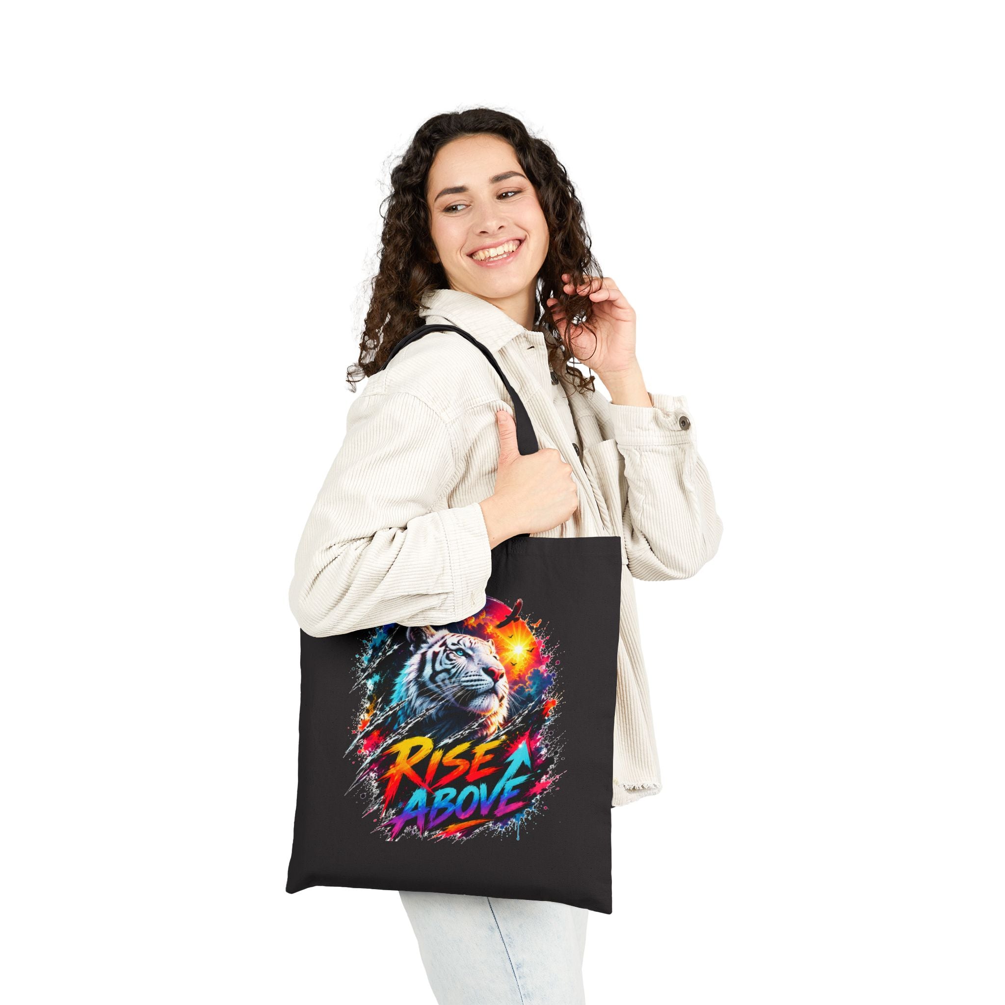 Rise Above Tiger Tote Bag | Colorful White Tiger Canvas Bag | Motivational Tote | Neon Animal Art | Reusable Shopping Bag | Gift for Tiger Lovers