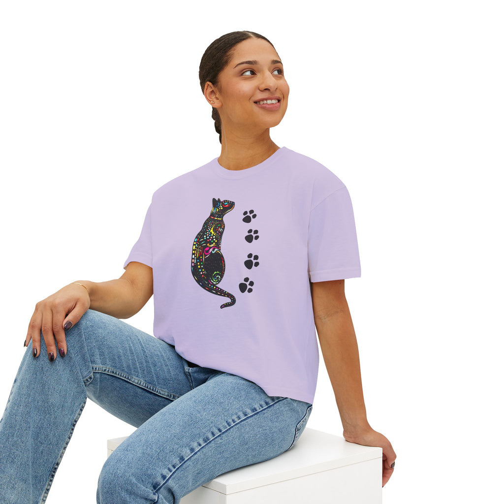 Black Cat Floral Graphic Tee, Cute Paw Print Boxy Shirt for Women