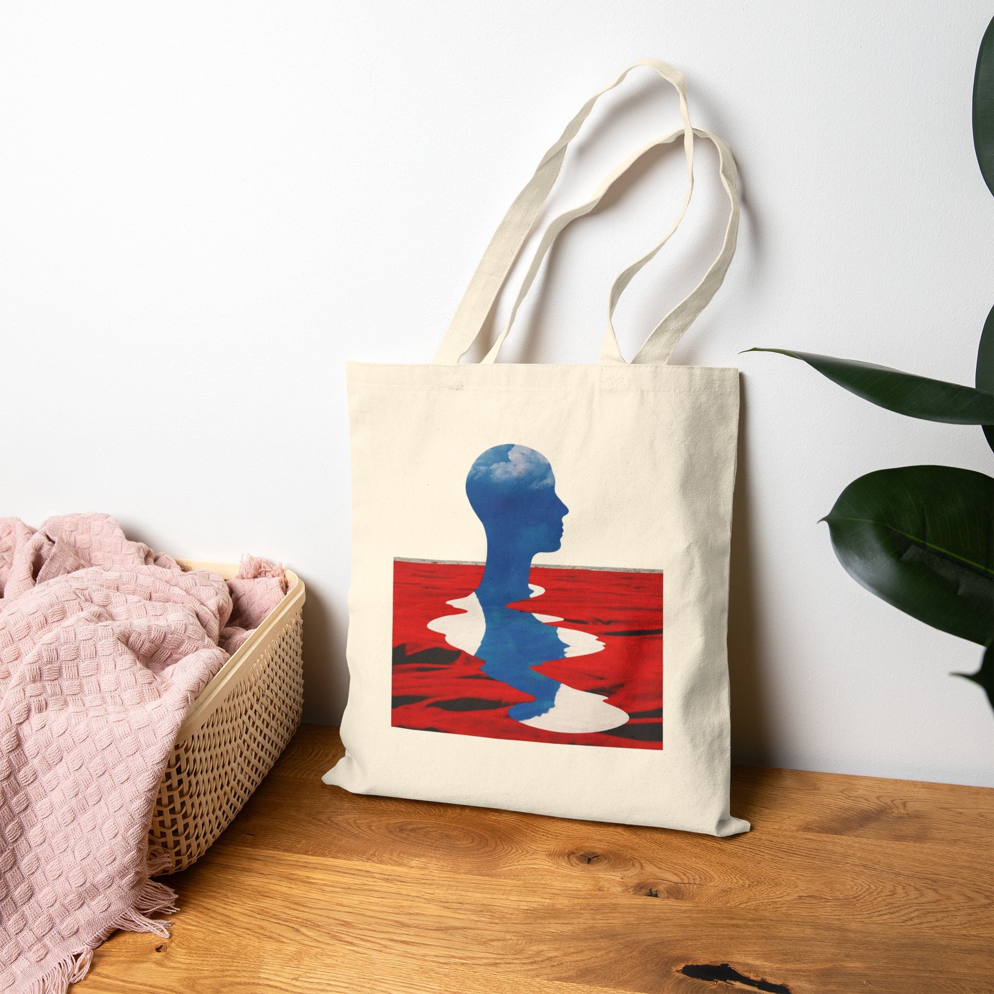 Abstract Reflection Canvas Tote - Blue Silhouette Red Water Art Bag