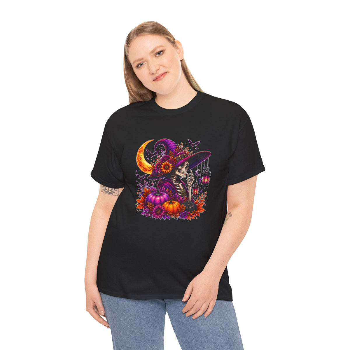 Halloween Witch Skeleton T-Shirt, Spooky Pumpkin Moon Tee, Gothic Fall Graphic Shirt, Halloween Gift for Her