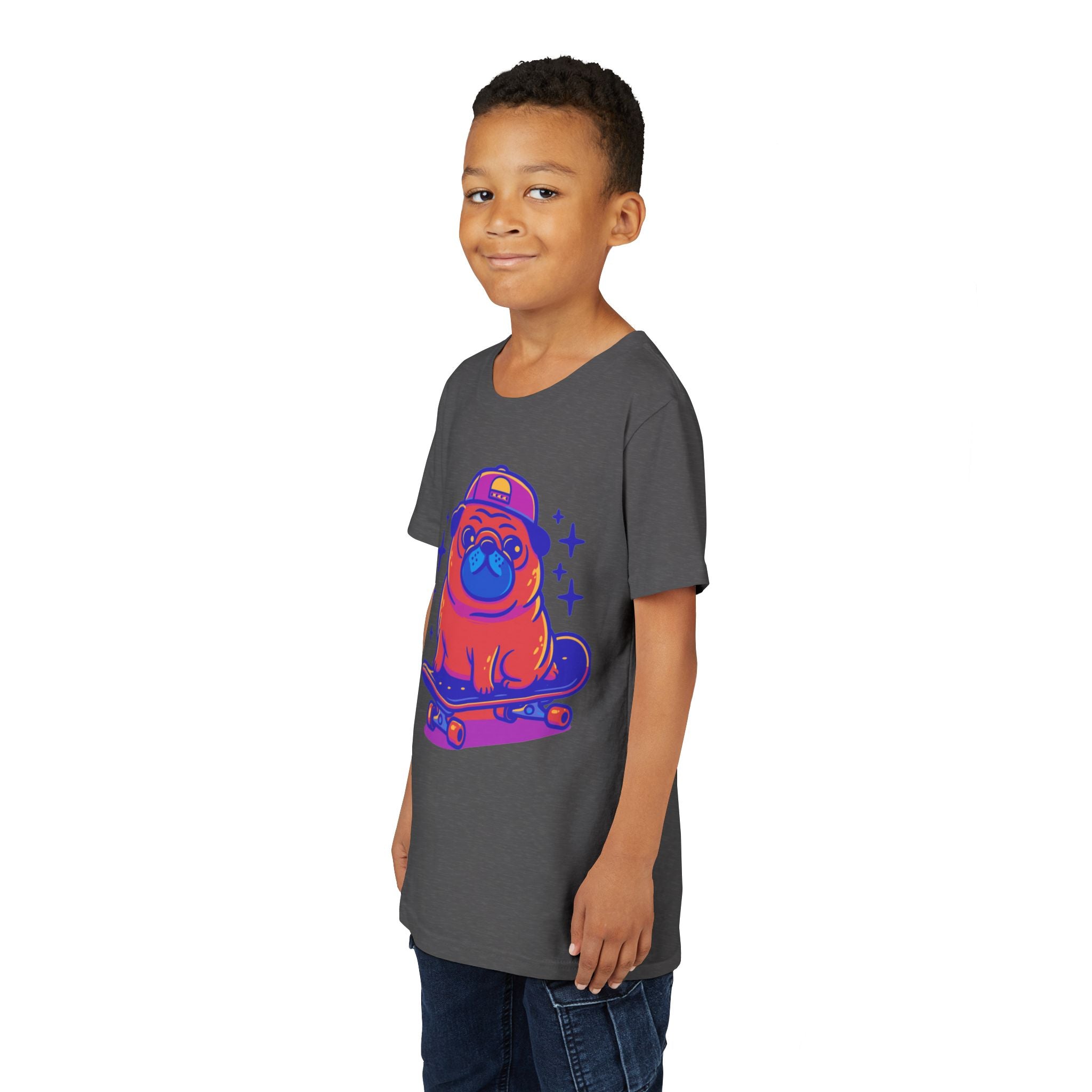 Cute Skateboarding Pug Kids T-Shirt | Funny Dog Graphic Tee for Boys & Girls | Youth Streetwear Shirt