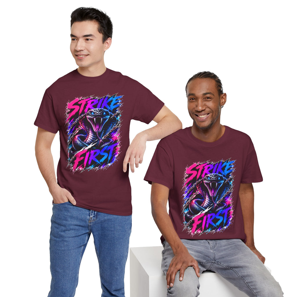 Strike First Cobra T-Shirt | Neon Snake Graphic Tee | Bold Streetwear Shirt | Unisex Graphic Tee