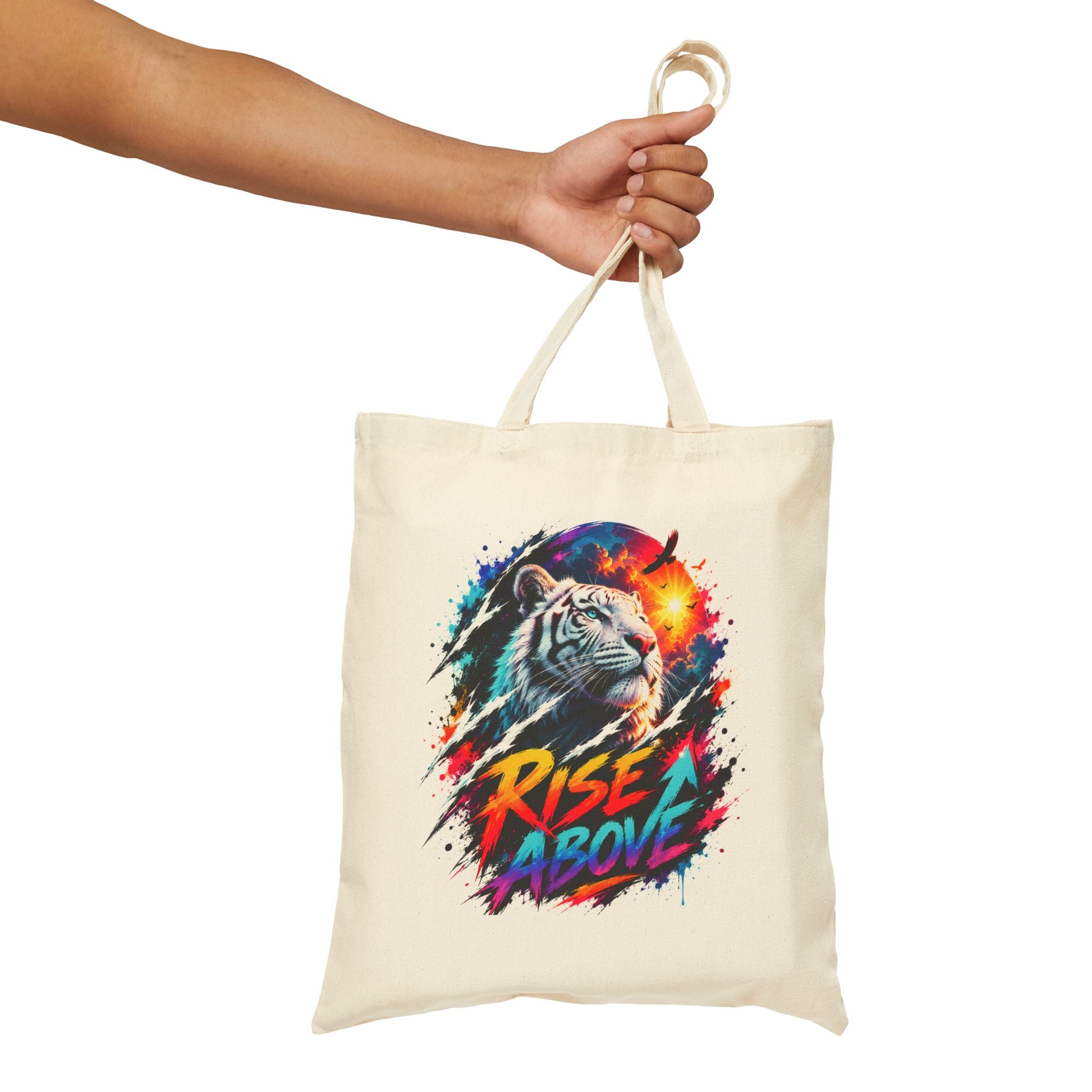 Rise Above Tiger Tote Bag | Colorful White Tiger Canvas Bag | Motivational Tote | Neon Animal Art | Reusable Shopping Bag | Gift for Tiger Lovers