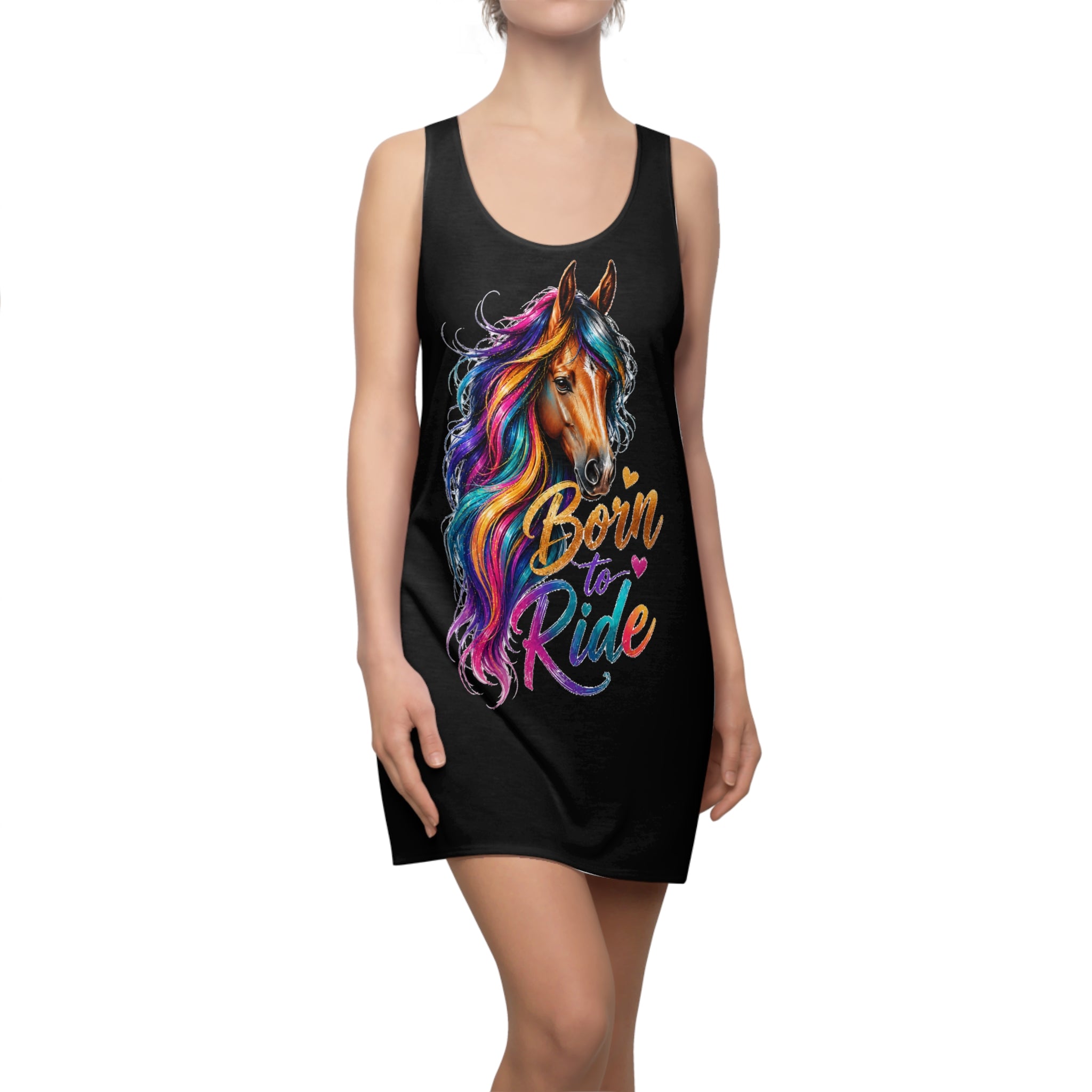Colorful Horse Racerback Dress, Born to Ride Dress, Horse Lover Gift, Equestrian Summer Dress, Horse Graphic Dress, Casual Tank Dress