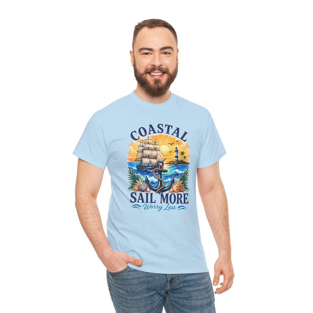Coastal Sail More Worry Less T-Shirt | Nautical Beach Graphic Tee | Sailing Lover Shirt | Ocean Sunset Gift