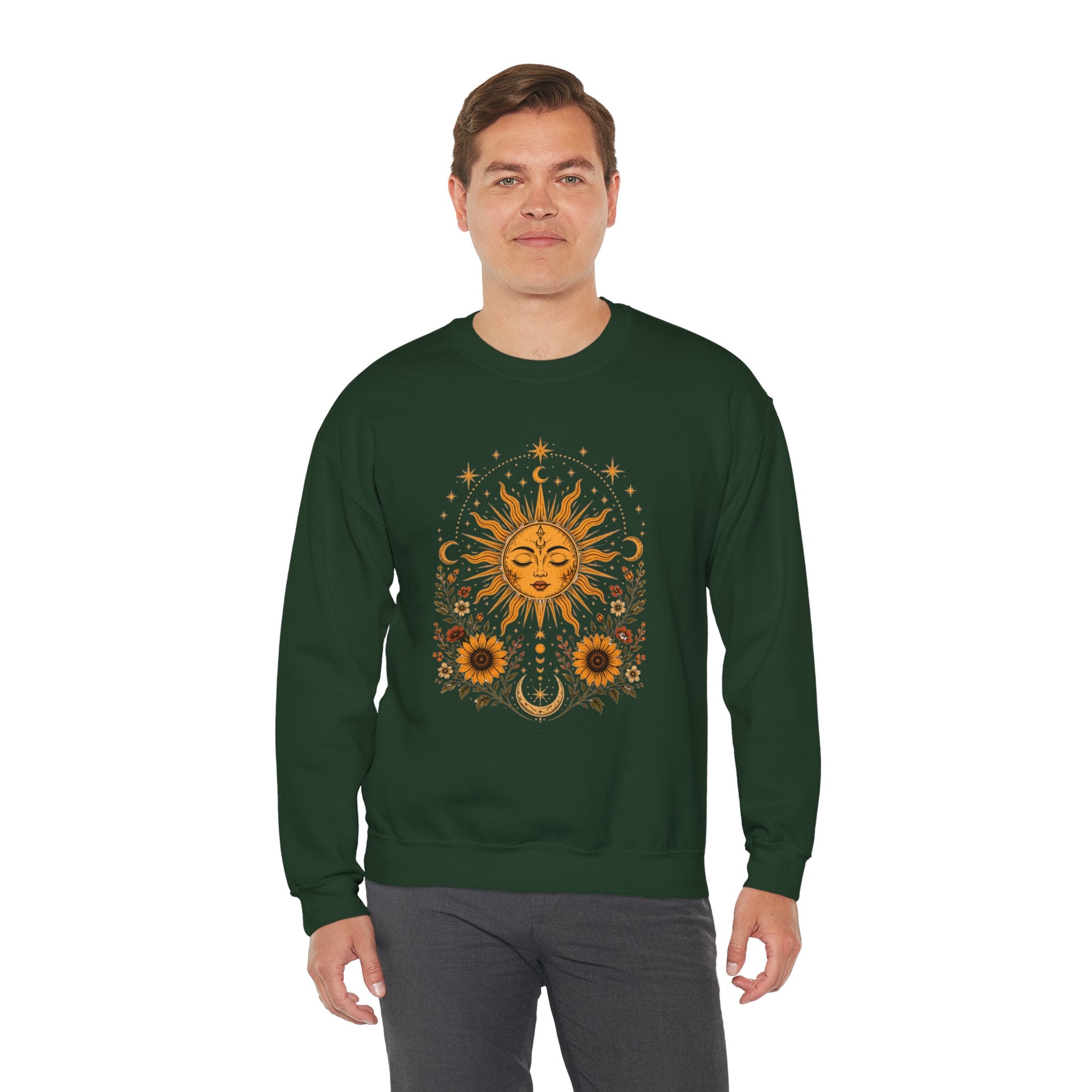 Sun & Sunflower Crewneck Sweatshirt, Boho Celestial Sweatshirt, Vintage Sun Graphic, Cozy Unisex Pullover, Gift for Her