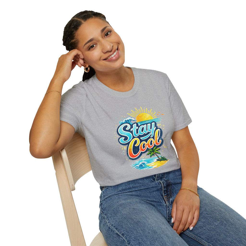 Stay Cool Beach T-Shirt — Vintage Sunset Palm Island Graphic