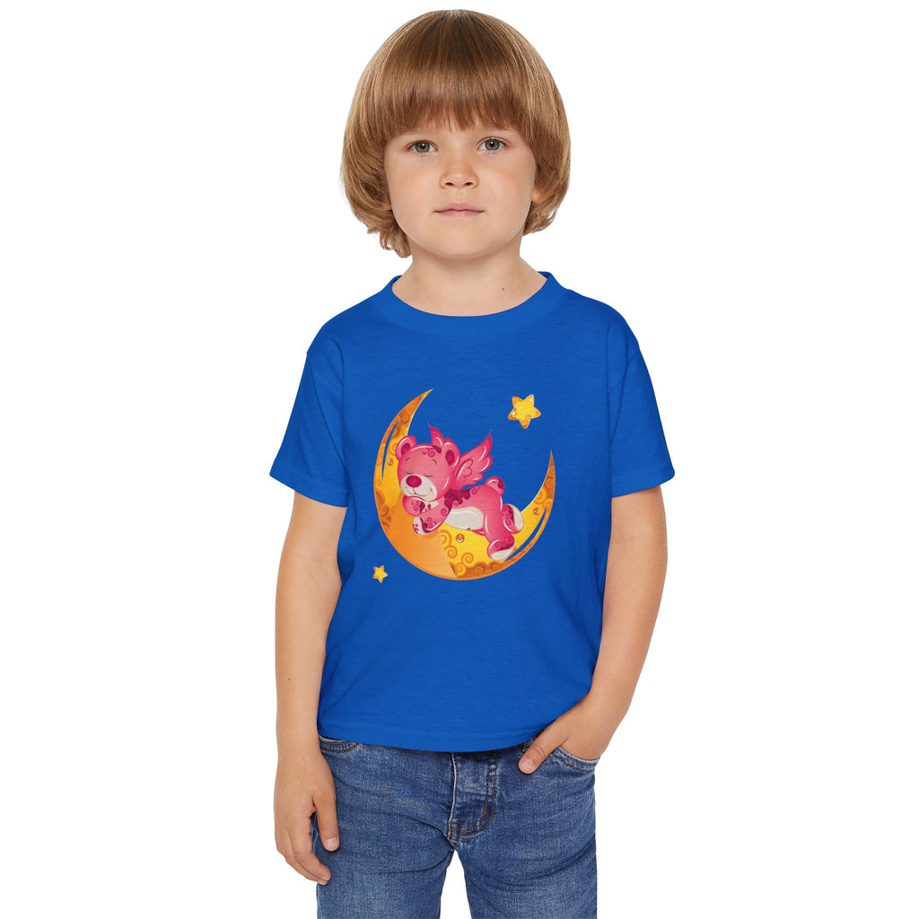 Cute Sleeping Pink Baby Dragon on Moon Toddler T-Shirt | Nursery Kids Tee | Soft Cotton Toddler Shirt