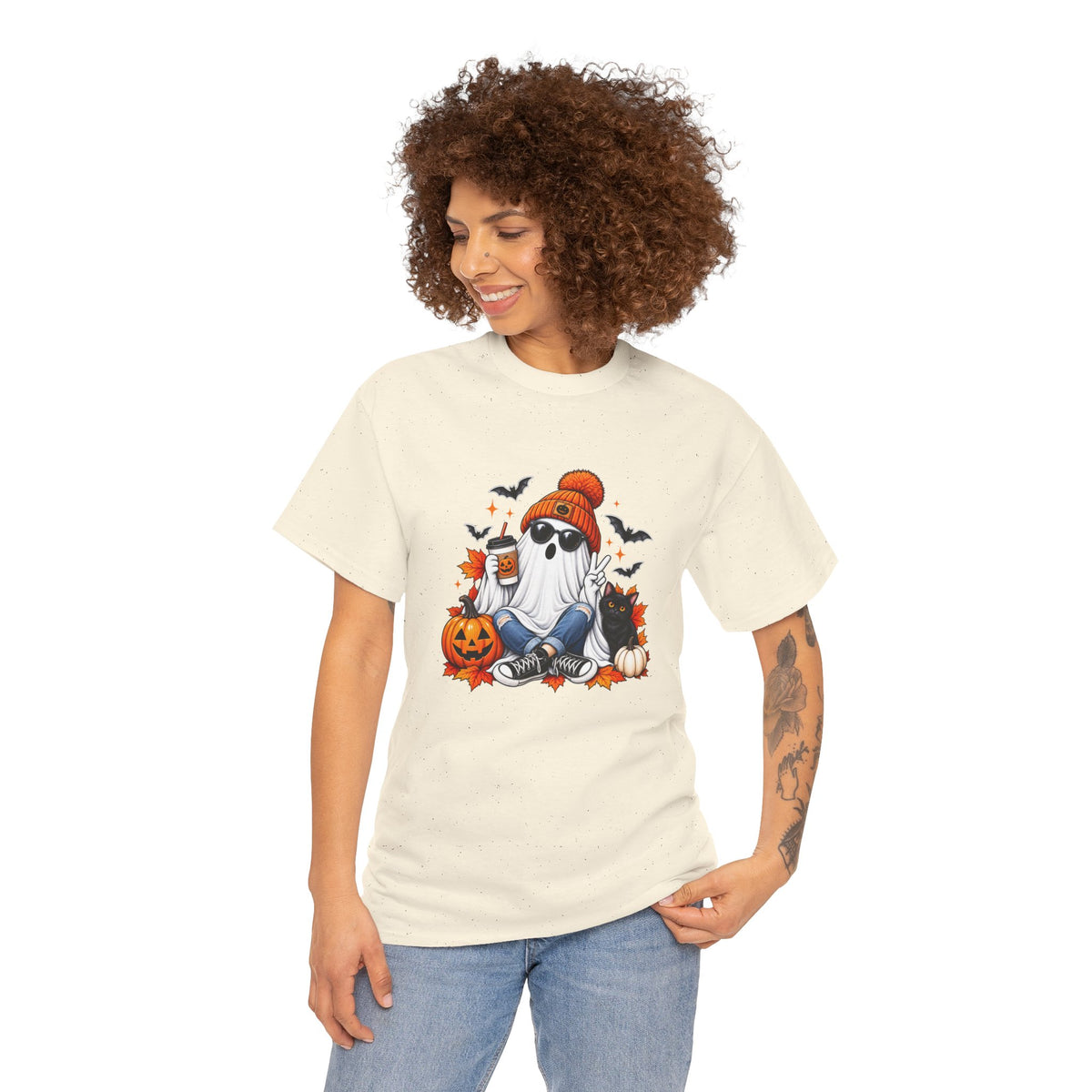 Halloween Ghost T-Shirt, Cute Spooky Pumpkin Cat Tee, Cozy Fall Coffee Graphic Shirt, Halloween Gift for Her
