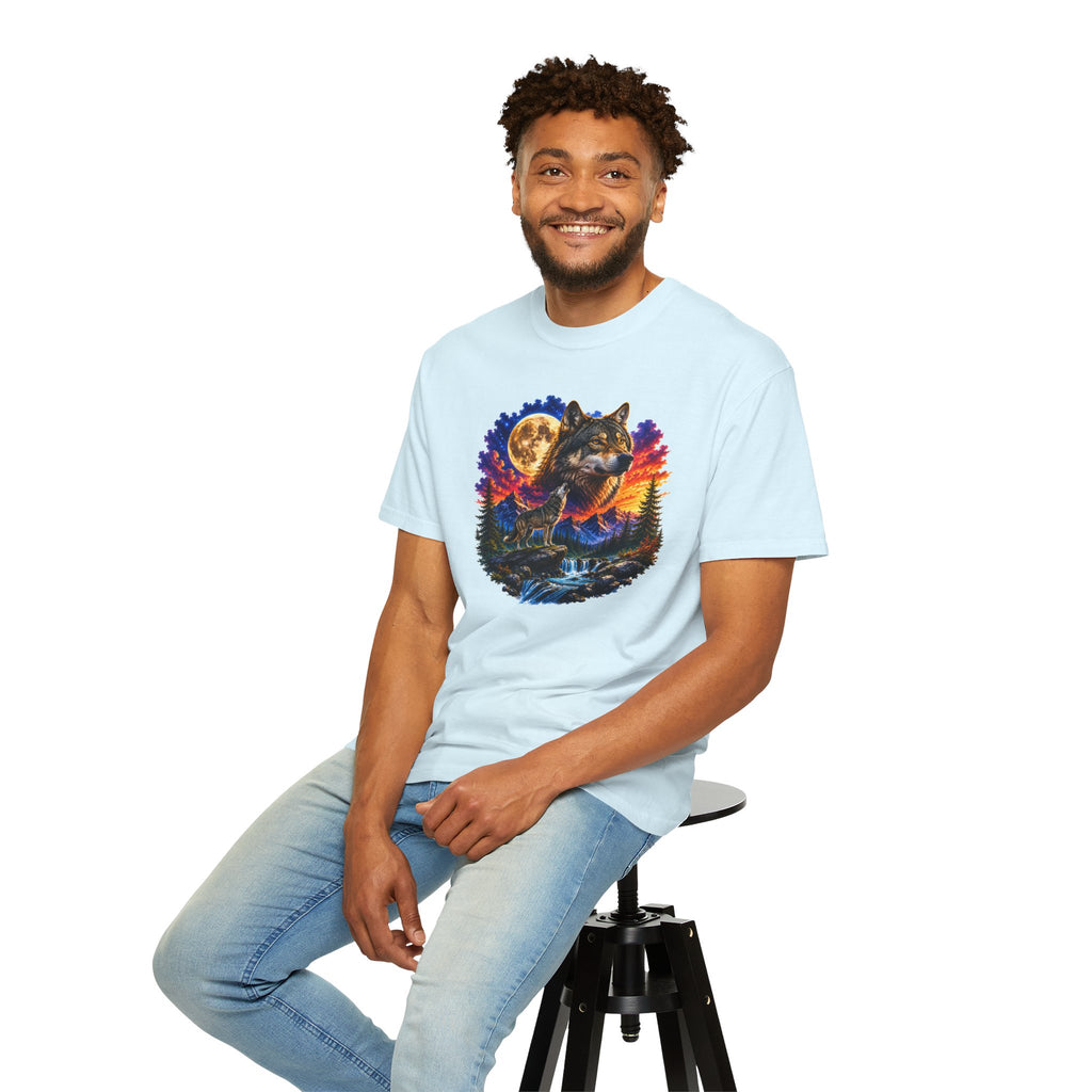 Colorful Wolf Moon T-Shirt, Nature Lover Gift, Howling Wolf Graphic Tee, Mountain Forest Shirt, Wildlife Adventure Tee