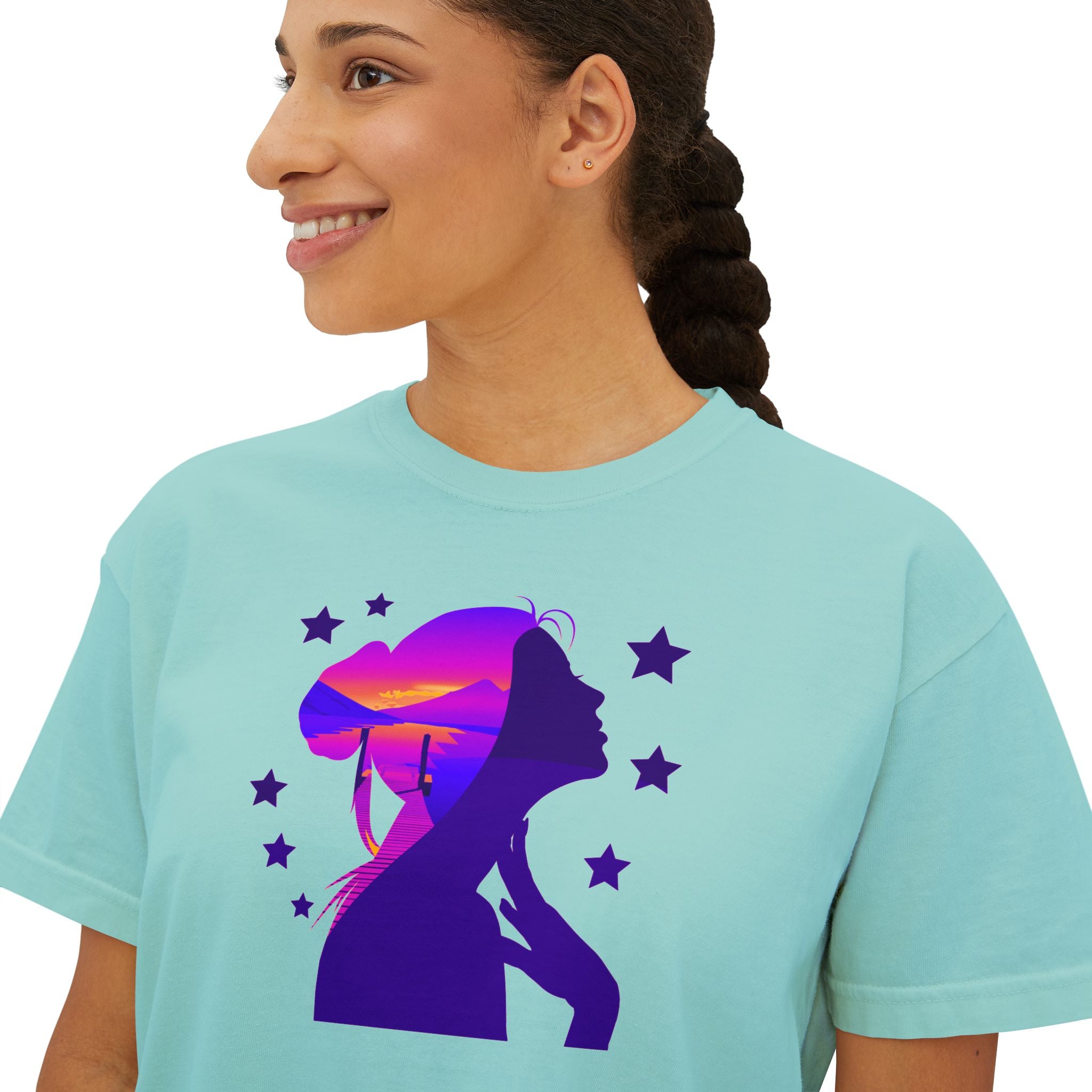 Women's Boxy Tee — Purple Sunset Silhouette Tee for Girls & Teens
