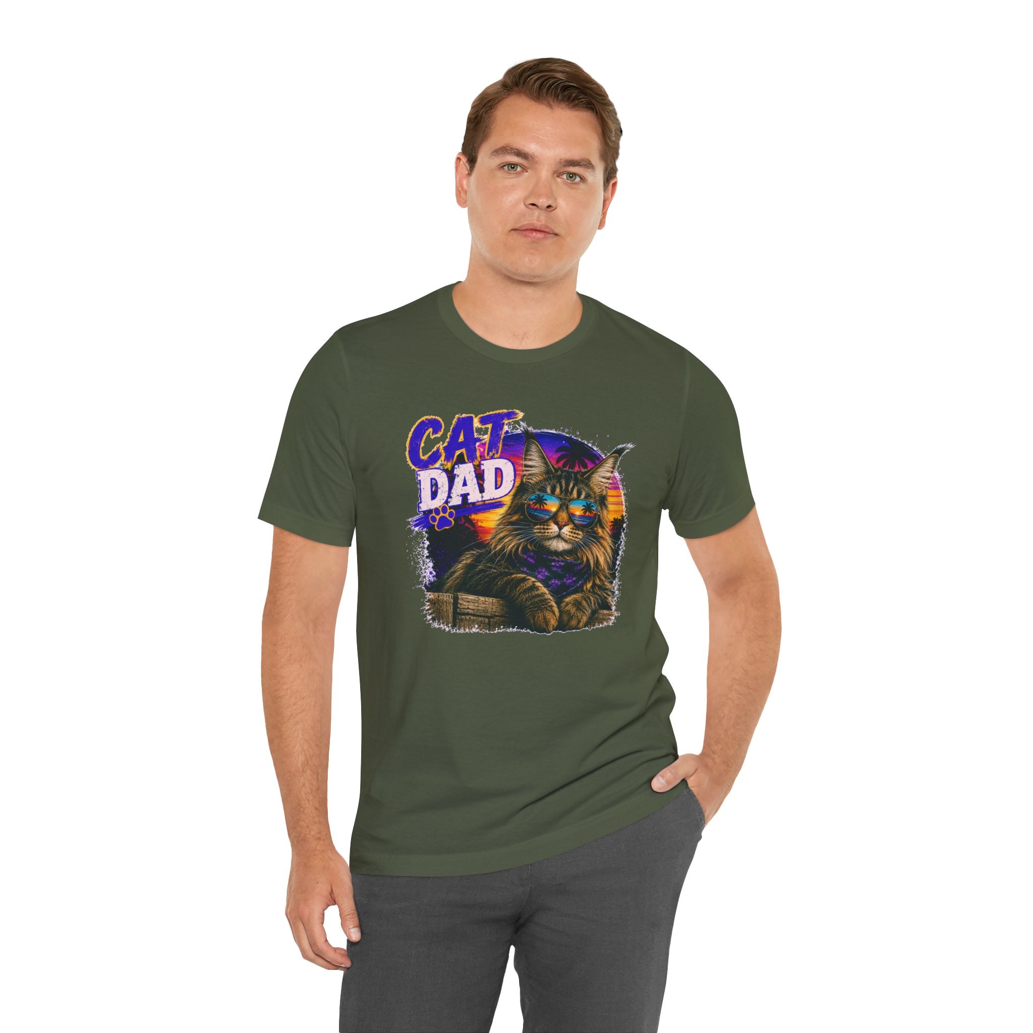 Cat Dad Maine Coon T-Shirt | Retro Sunset Cat Lover Shirt | Funny Cat Dad Gift | Vintage Graphic Tee for Men
