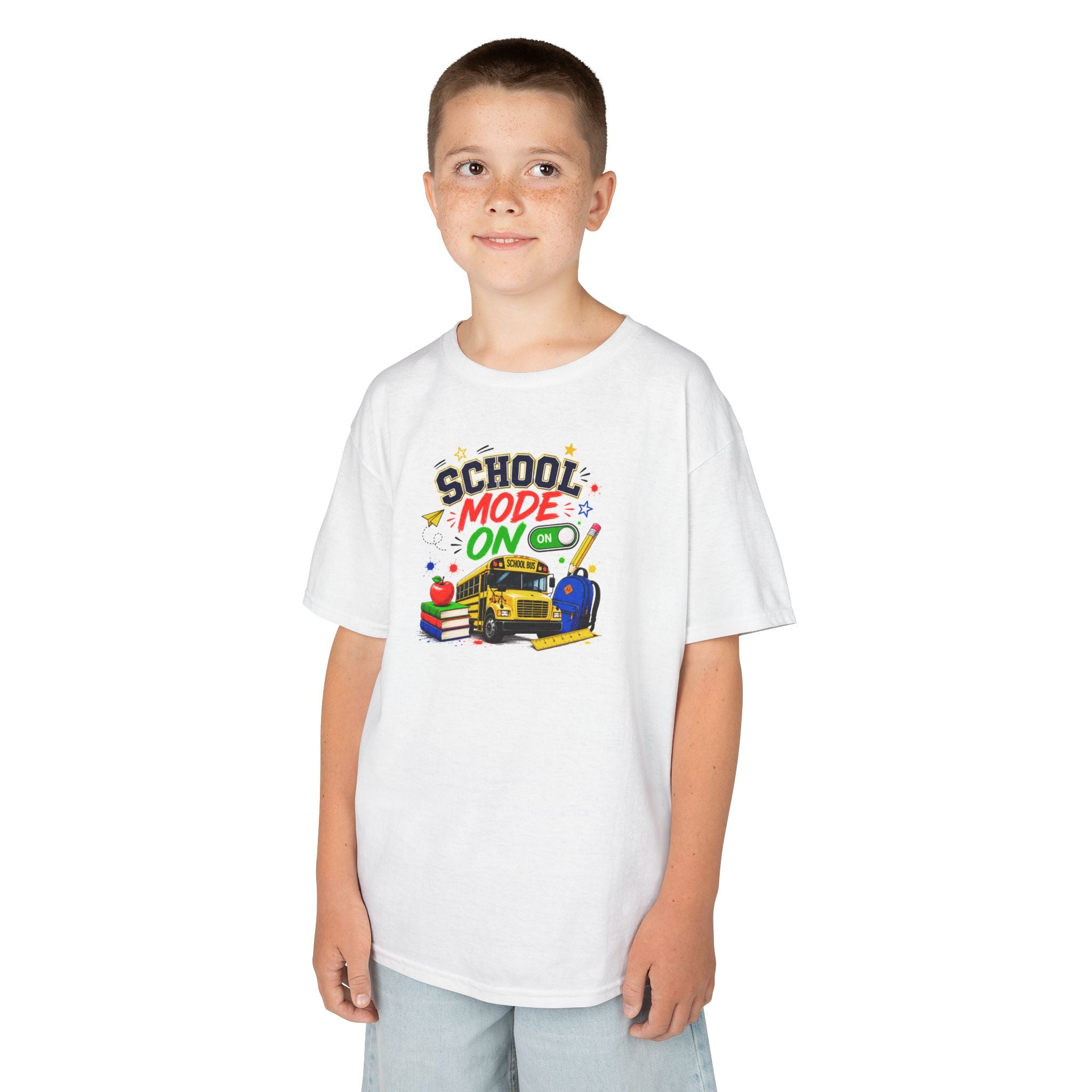 School Mode On Kids T‑Shirt — Back-to-School Graphic Tee with Bus, Books & Apple