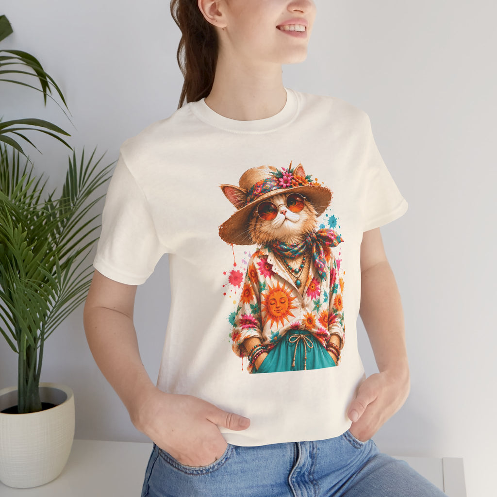 Boho Cat Graphic Tee — Floral Hat & Sunshine Cat T-Shirt